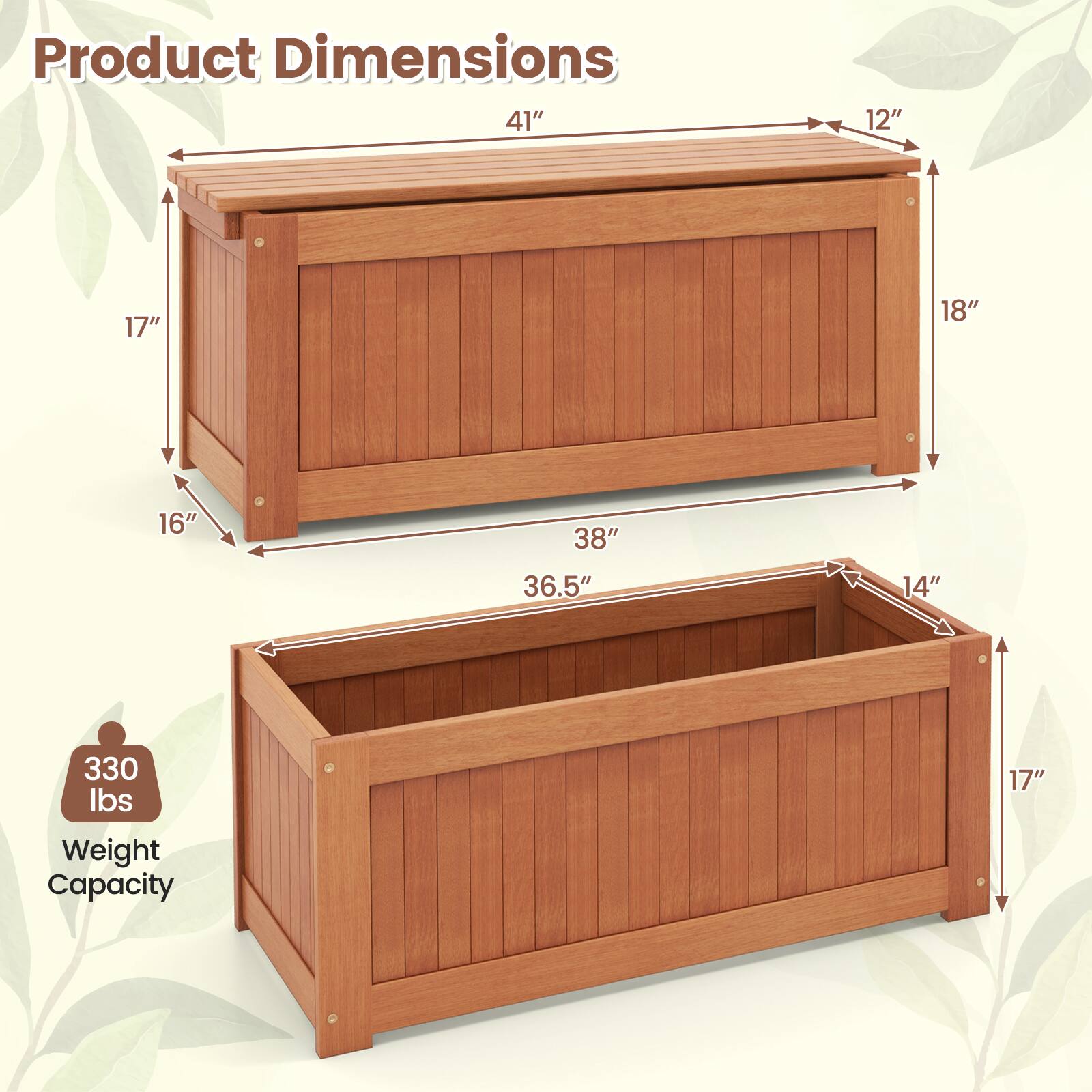 Product Dimensions:  
41" x 12" x 18"  
16" x 38" x 36.5"  
14" x 17"  

Weight Capacity: 330 lbs