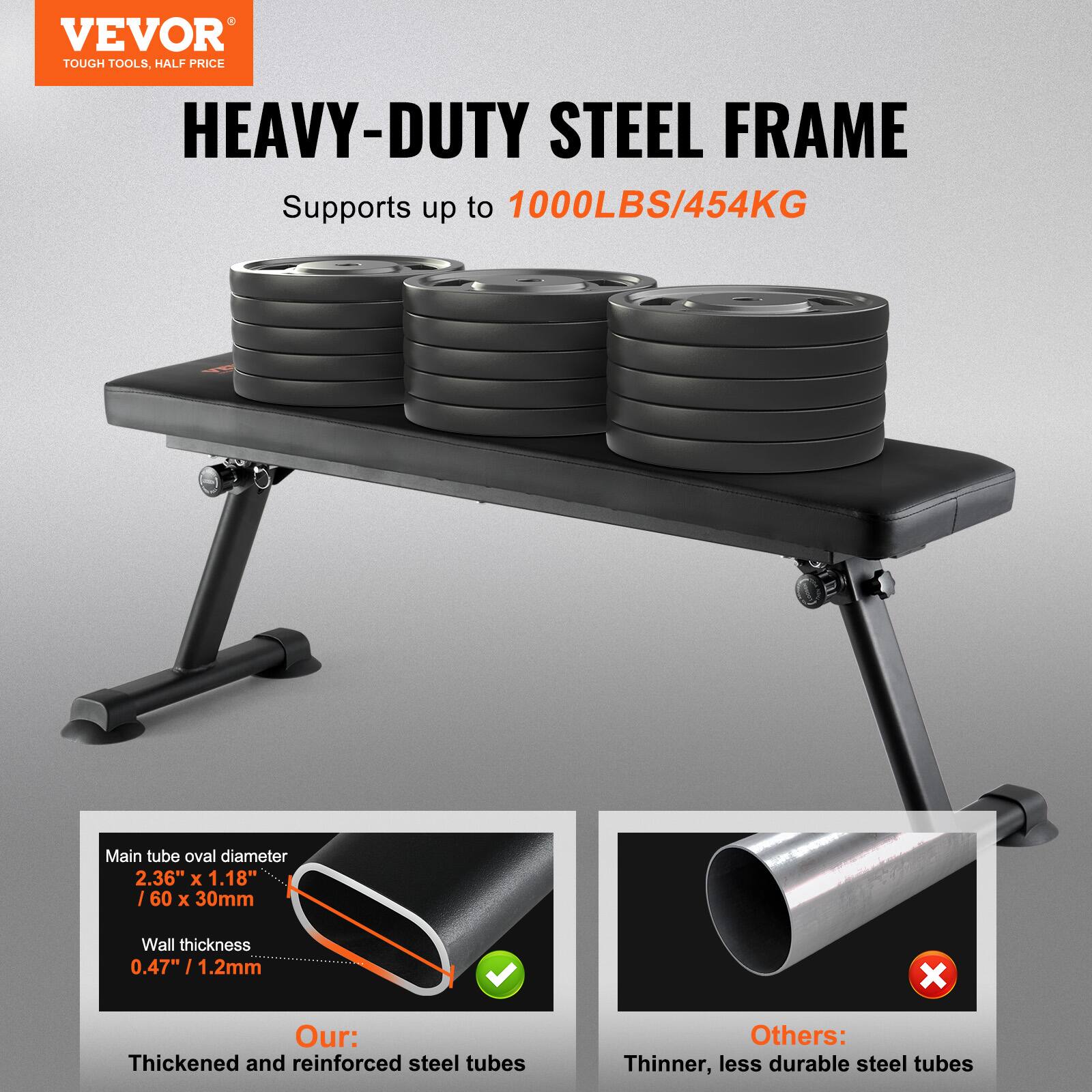 VEVOR  
TOUGH TOOLS, HALF PRICE  

HEAVY-DUTY STEEL FRAME  
Supports up to 1000LBS/454KG  

Main tube oval diameter  
2.36" x 1.18" / 60 x 30mm  

Wall thickness  
0.47" / 1.2mm  

Our:  
Thickened and reinforced steel tubes  

Others:  
Thinner, less durable steel tubes