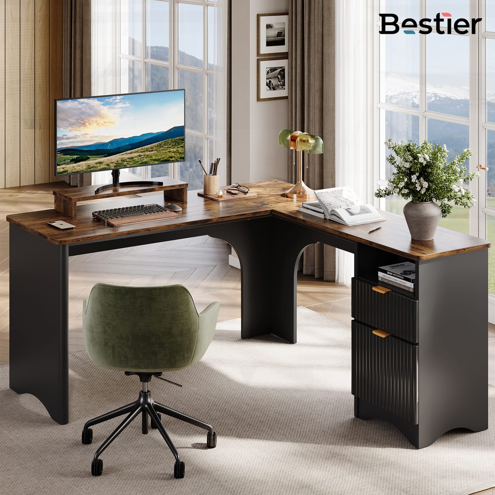 Front. Bestier - 55inch L-Shaped Computer Desk with File Drawer Monitor Stand and Fluted Panels Office Desk - Rustic Brown.