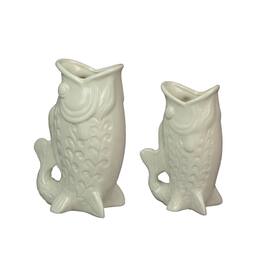 Zeckos - Fish Decorative Vases Set of 2 Ceramic Coastal Tabletop 8.5in and 7in - White