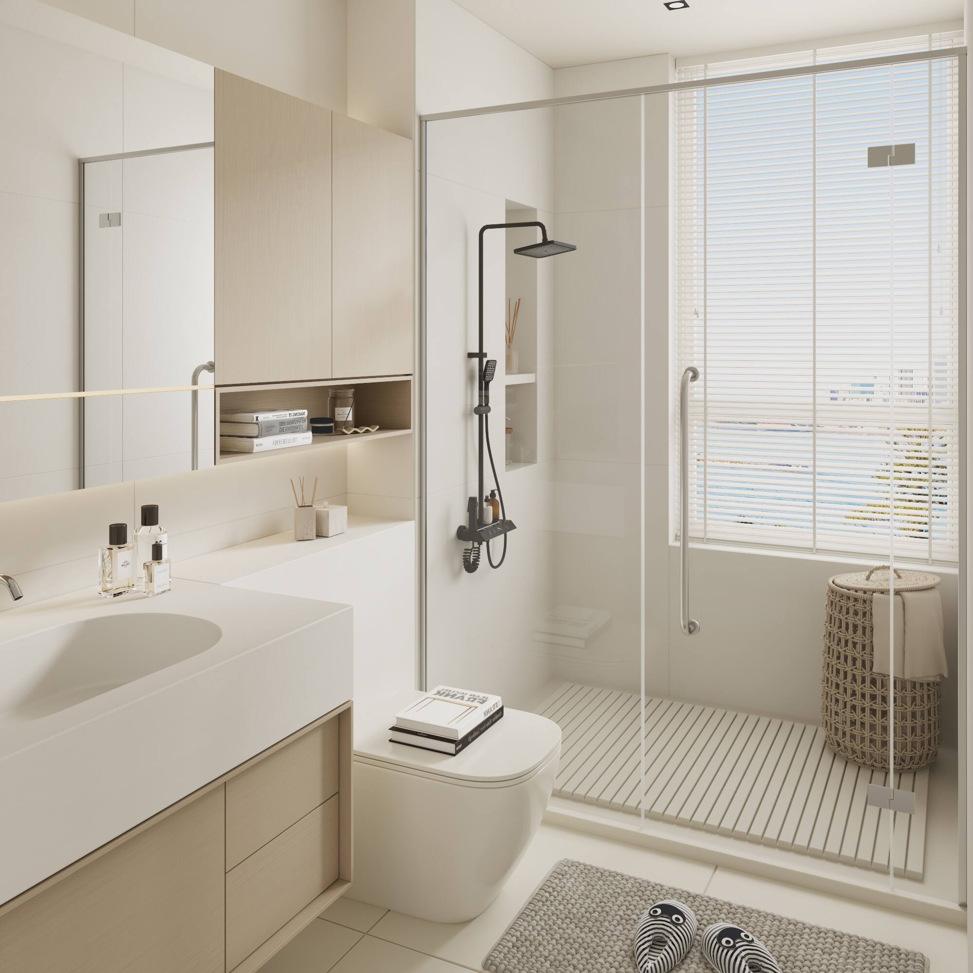 Back. Famapy - Thermostatic Shower System with LED Temperature Display 4-Mode Rainfall Shower Combo with Handheld,Waterfall&Spray Gun - Black.