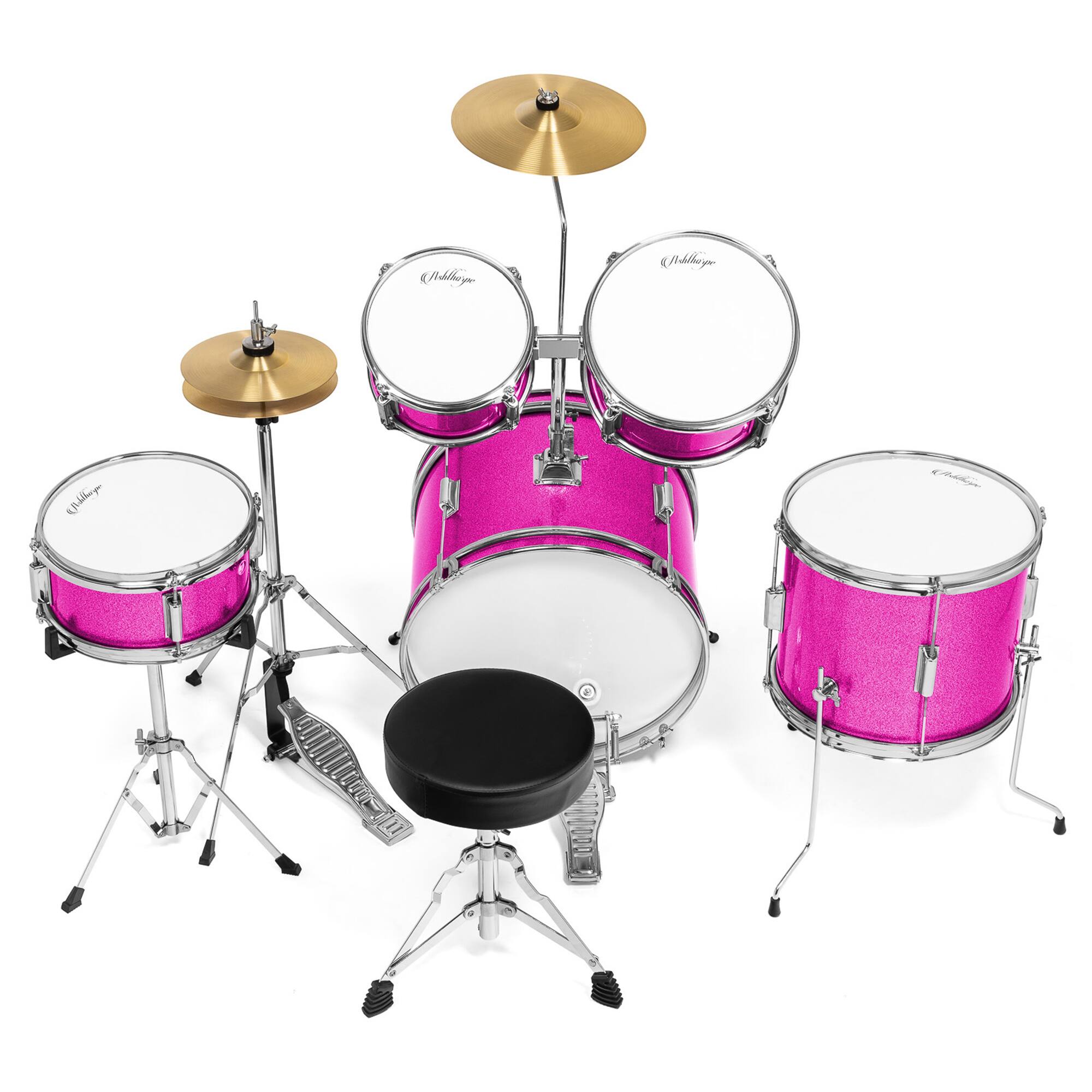 Ashthorpe Beginner Drum Kit with Brass Cymbals (Set of 5) Pink S