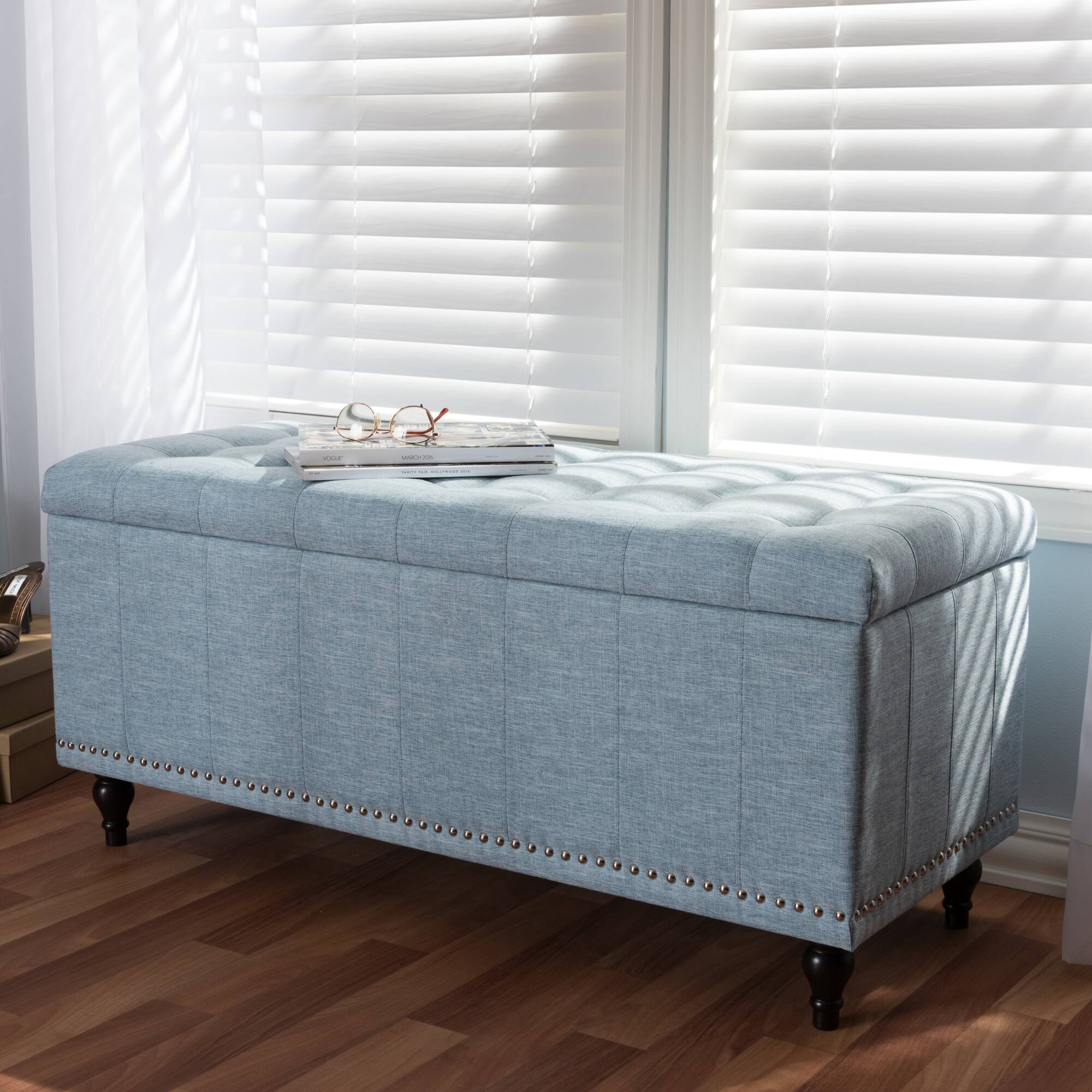 Alt View 4. Baxton Studio - Kaylee Modern Classic Fabric Upholstered Button-Tufting Storage Ottoman Bench - Light Blue.