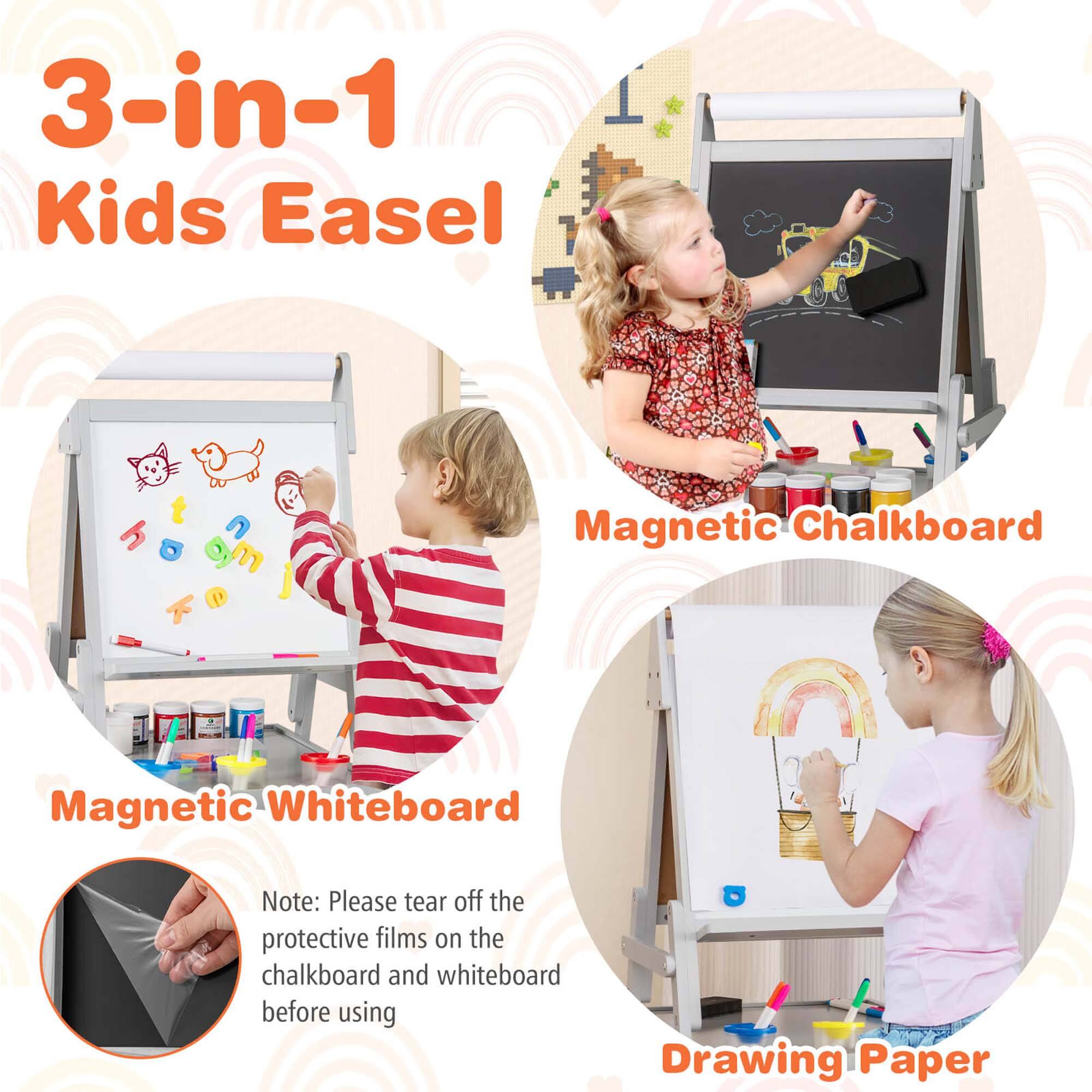 3-in-1 Kids Easel

Magnetic Chalkboard

Magnetic Whiteboard

Drawing Paper

Note: Please tear off the protective films on the chalkboard and whiteboard before using