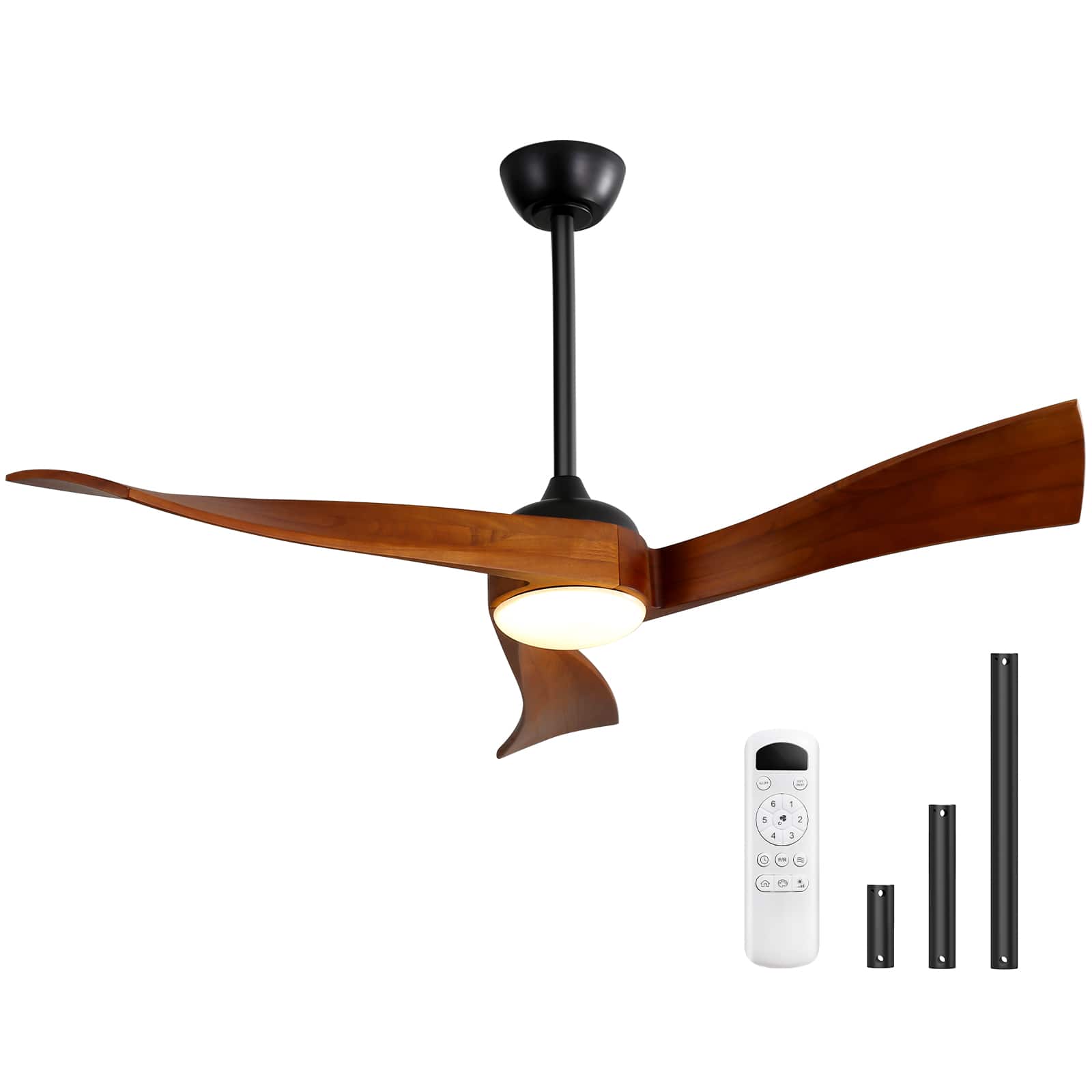 Sofucor - Wood Ceiling Fans with Lights and Remote Reversible 6 Speeds 3CCT Dimmable, Noiseless, Indoor/Outdoor Ceiling Fan Quiet - Black-52inch with Waved Blades