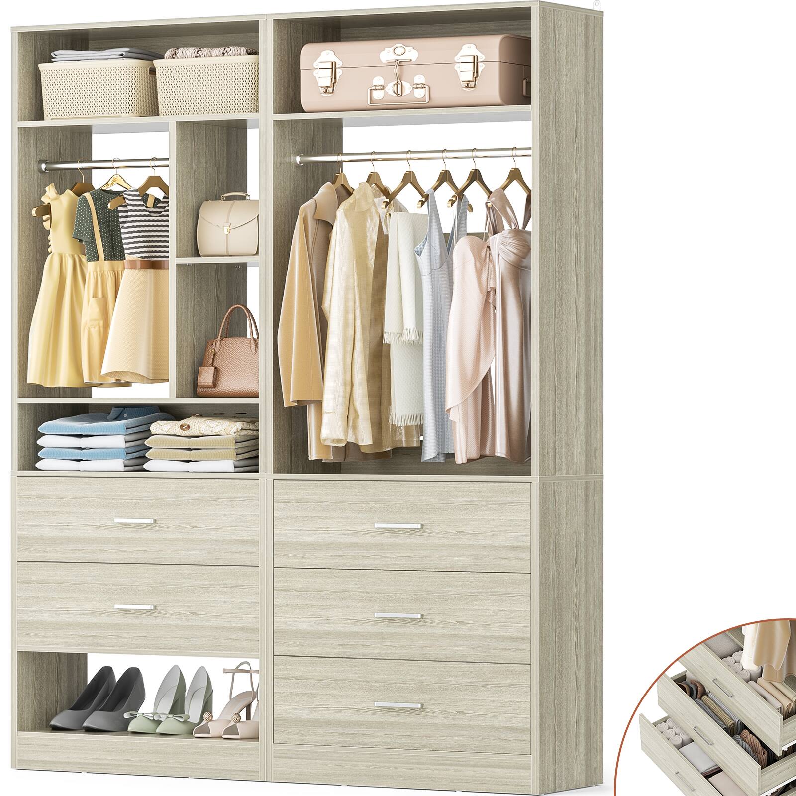 Angle. Aheaplus - Heavy Duty 48-Inch Walk-in Closet Organizer: 5 Wood Drawers, 2 Hanging Rods, 7 Shelves (48x15x80 in) - White Oak.
