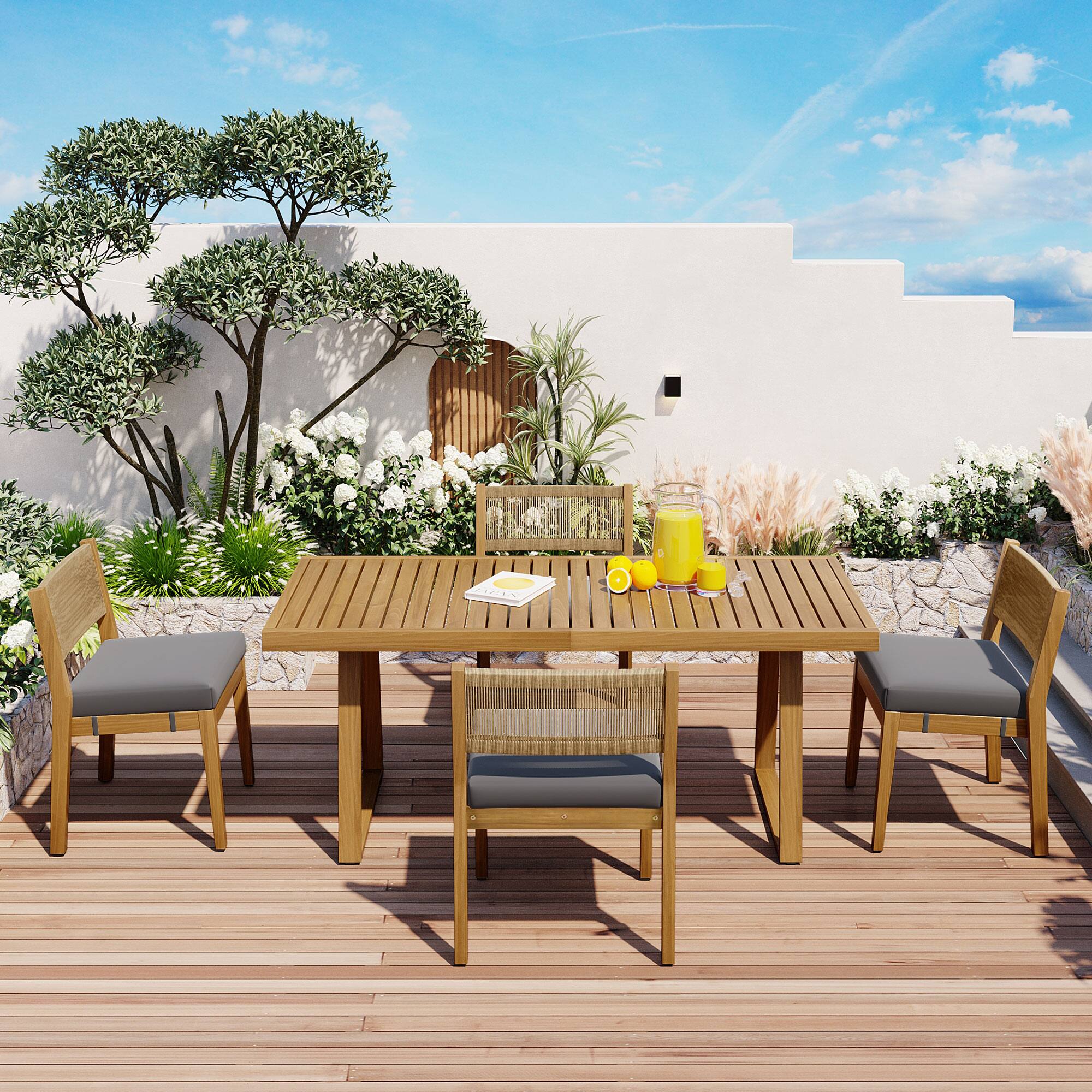 Angle. Mondawe - Outdoor Acacia Wood Dining Table and Chair Set with Thick Cushions - Brown+Gray.