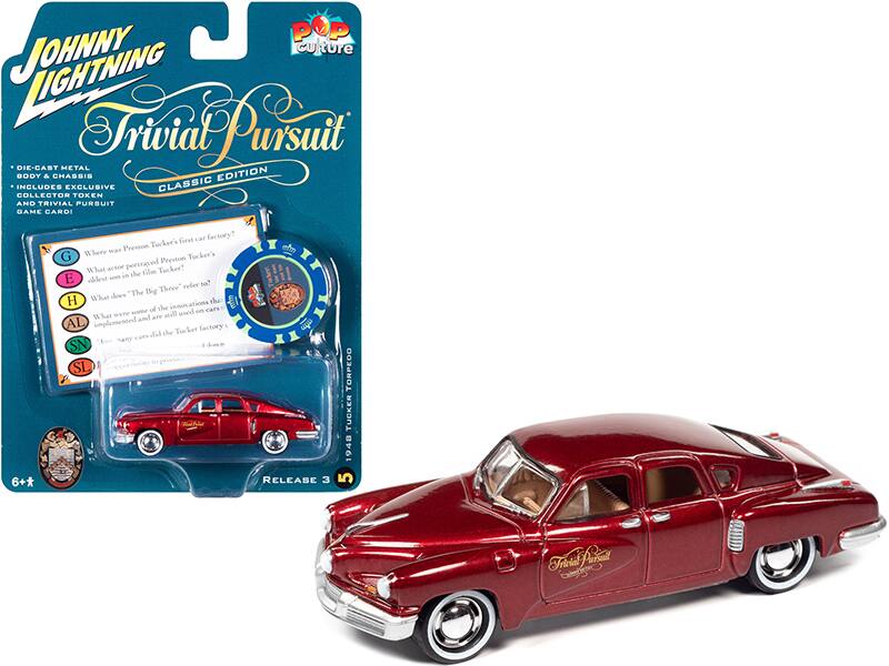 Sure, here is the corrected and grouped text from the image:

---

**Johnny Lightning Trivial Pursuit Classic Edition**

- **Die-Cast Metal Body & Chassis**
- **Includes Exclusive Classic Collector Token and Trivial Pursuit Game Card!**
- **6+**

**Questions:**

- **G** Where was Preston Tucker's first car factory?
- **E** What actor portrayed Preston Tucker's oldest son in the film "Tucker"?
- **H** What does "The Big Three" refer to?
- **A** What were some of the innovations in the Tucker car and are still used today?
- **L** What was implemented at the Tucker factory?

**Tucker Torpedo 1948 Release 3**

**Pop Culture**

**Release 3**

---