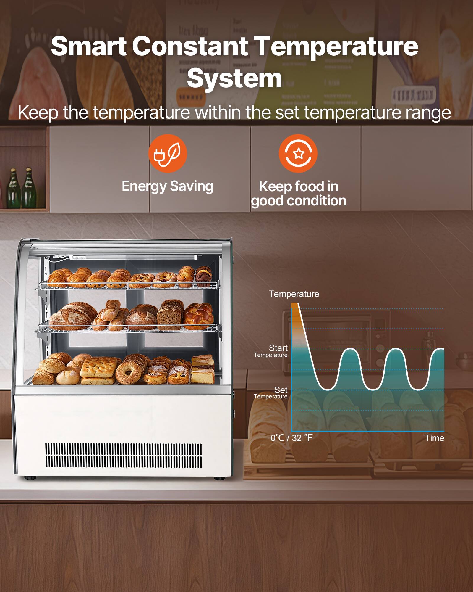 Smart Constant Temperature System  
Keep the temperature within the set temperature range  

Energy Saving  
Keep food in good condition  

Temperature  
Start Temperature  
Set Temperature  
0°C / 32°F  
Time