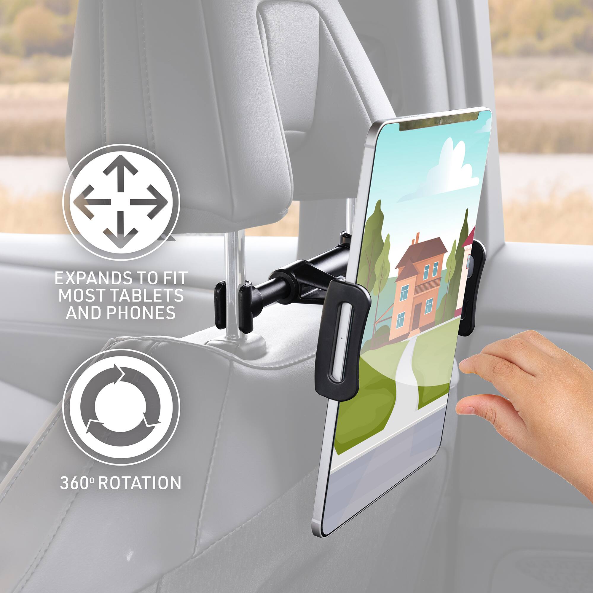 EXPANDS TO FIT MOST TABLETS AND PHONES  
360° ROTATION