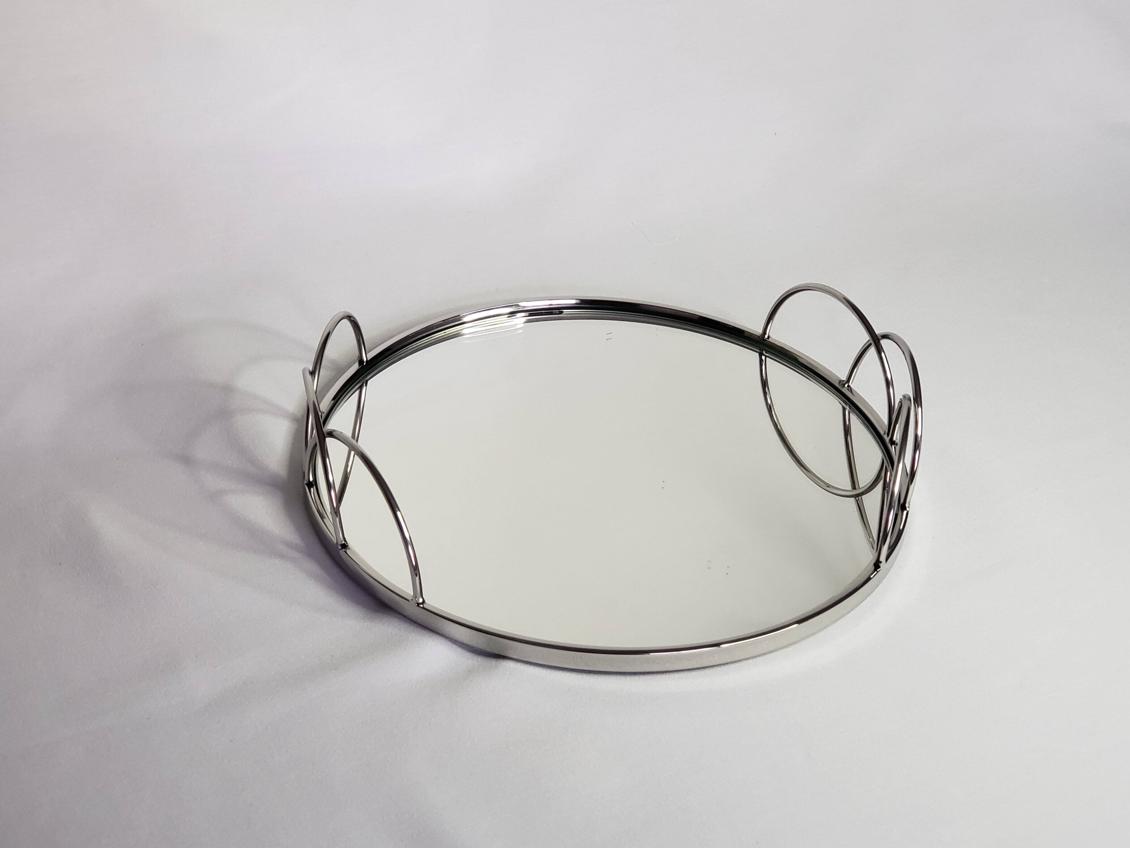 Angle. Jiallo - Silver Stainless Steel Round vanity tray with mirror 11" - Silver.