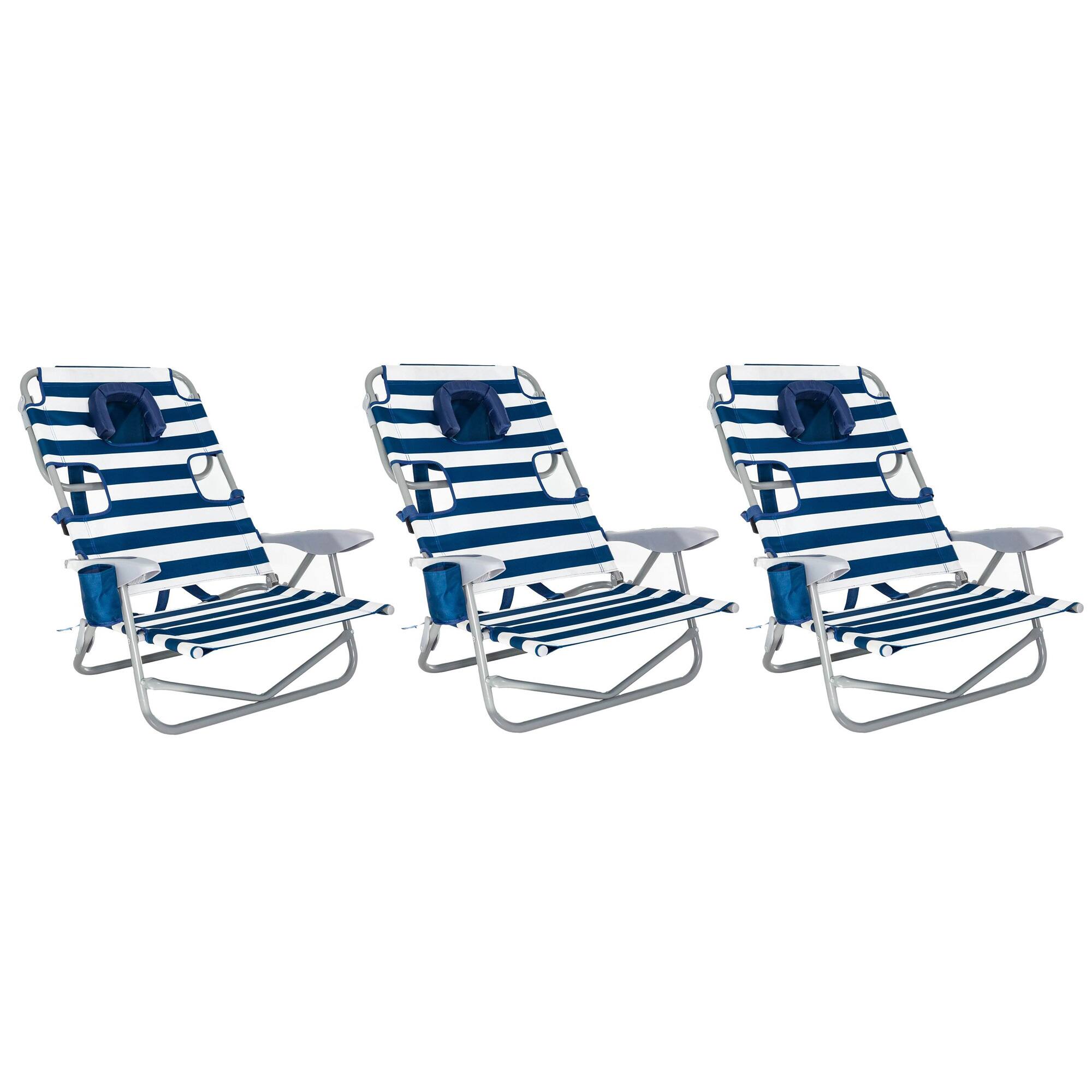 Front. Ostrich - Ostrich On-Your-Back Outdoor Lounge 5 Position Recline Beach Chair (3 Pack) - Striped blue.