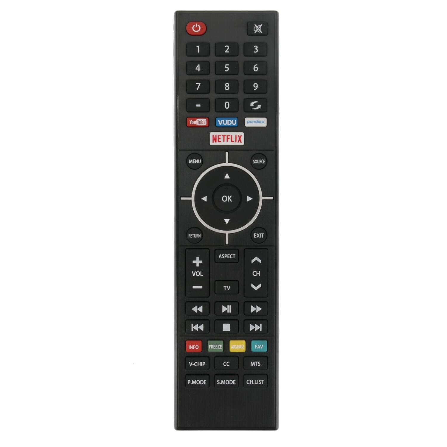 1 2 3 4 5 6 7 8 9 0

You Tube VUDU pandora NETFLIX

MENU SOURCE OK RETURN EXIT

VOL ASPECT CH TV INFO FREEZE DDAA FAV V-CHIP CC MTS P.MODE S.MODE CH.LIST