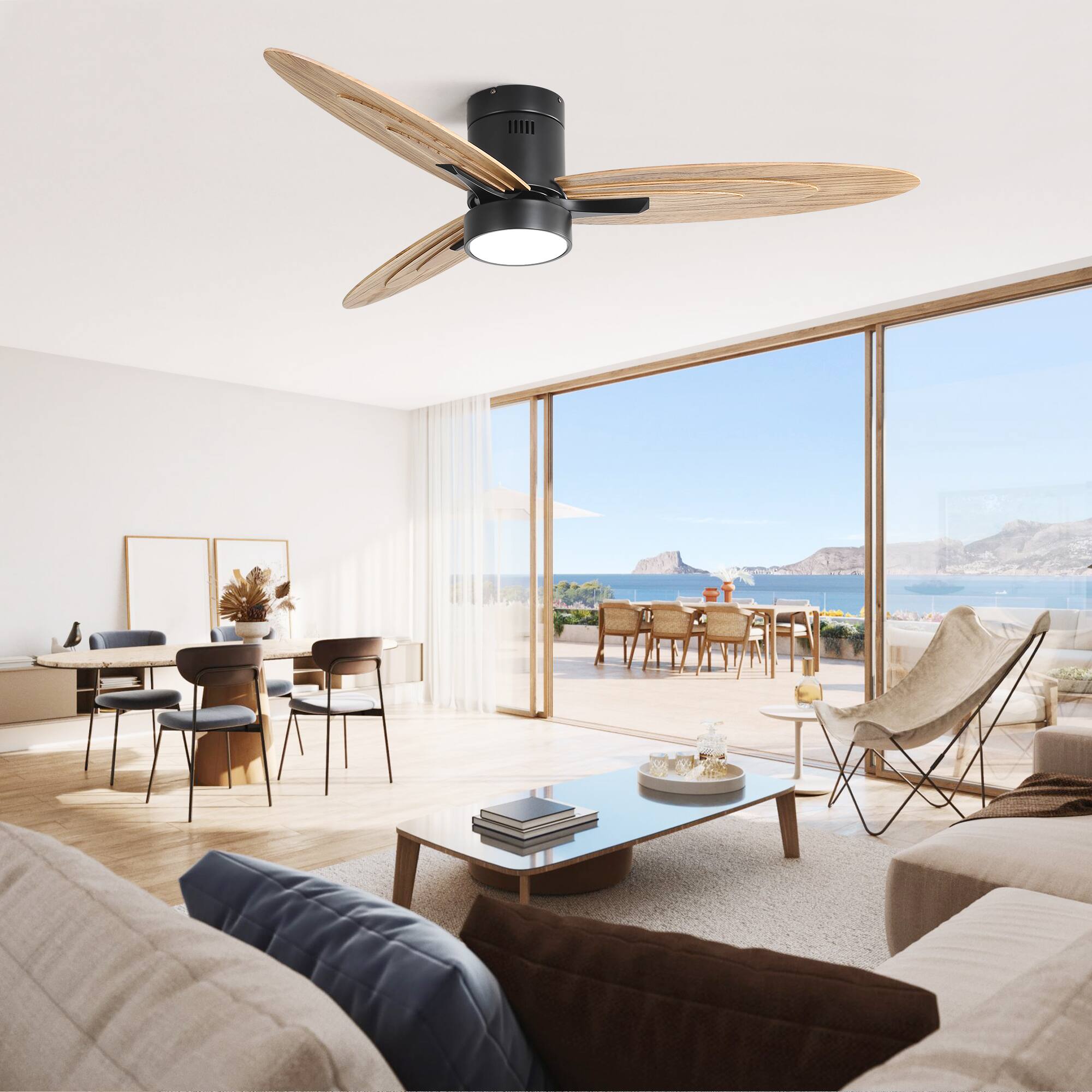 Left. GreenEver - 56" Carbonized Walnut Wood Ceiling Fan with 6-Speed Remote, 3-Color Dimmable LED Light for Large Rooms - Black.