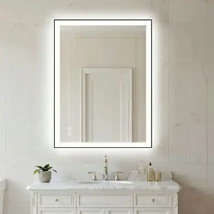 Front. Kadyn - 32x24 Inch Rectangle LED Bathroom Mirror with Modern Black Frame - Black.