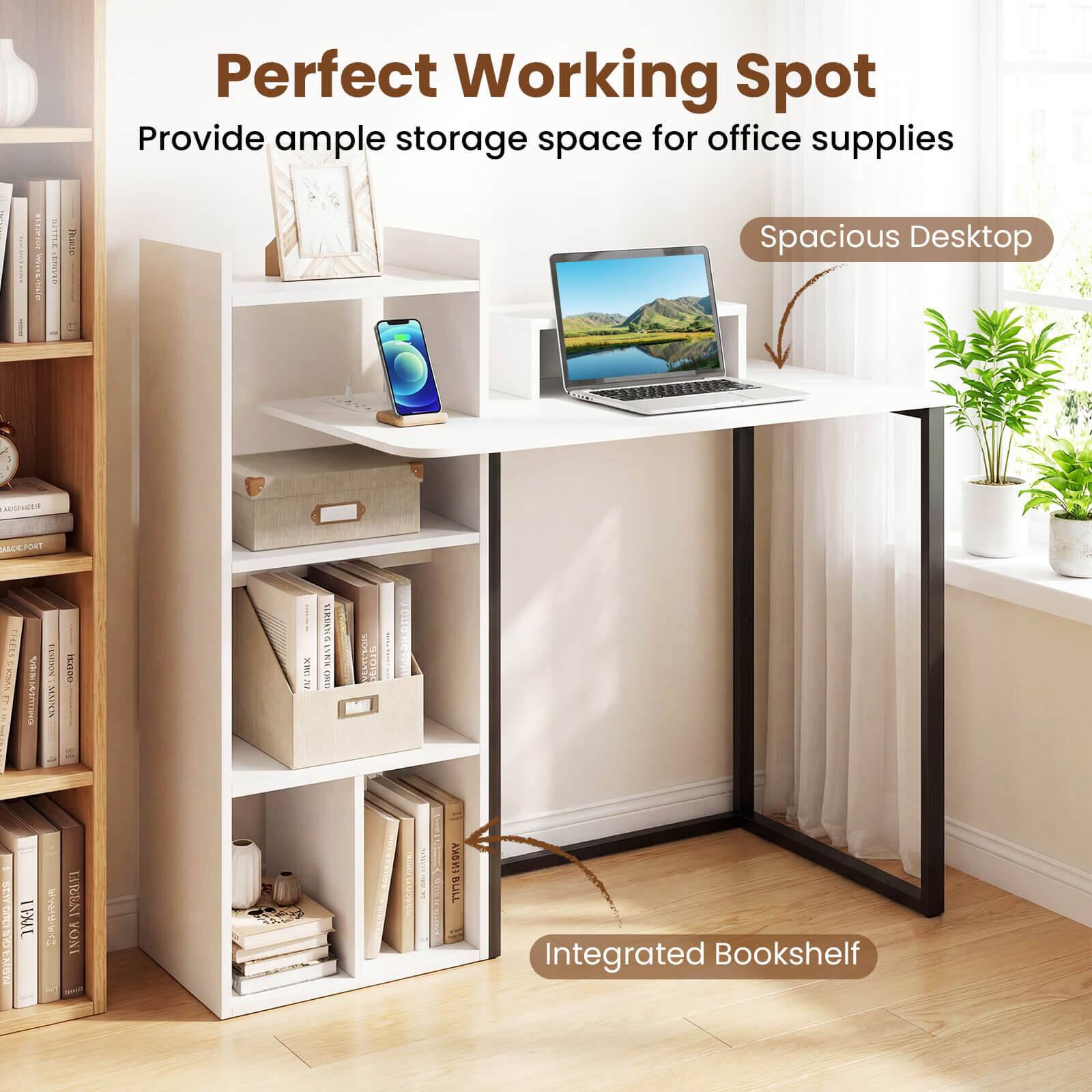Perfect Working Spot  
Provide ample storage space for office supplies  

Spacious Desktop  

Integrated Bookshelf