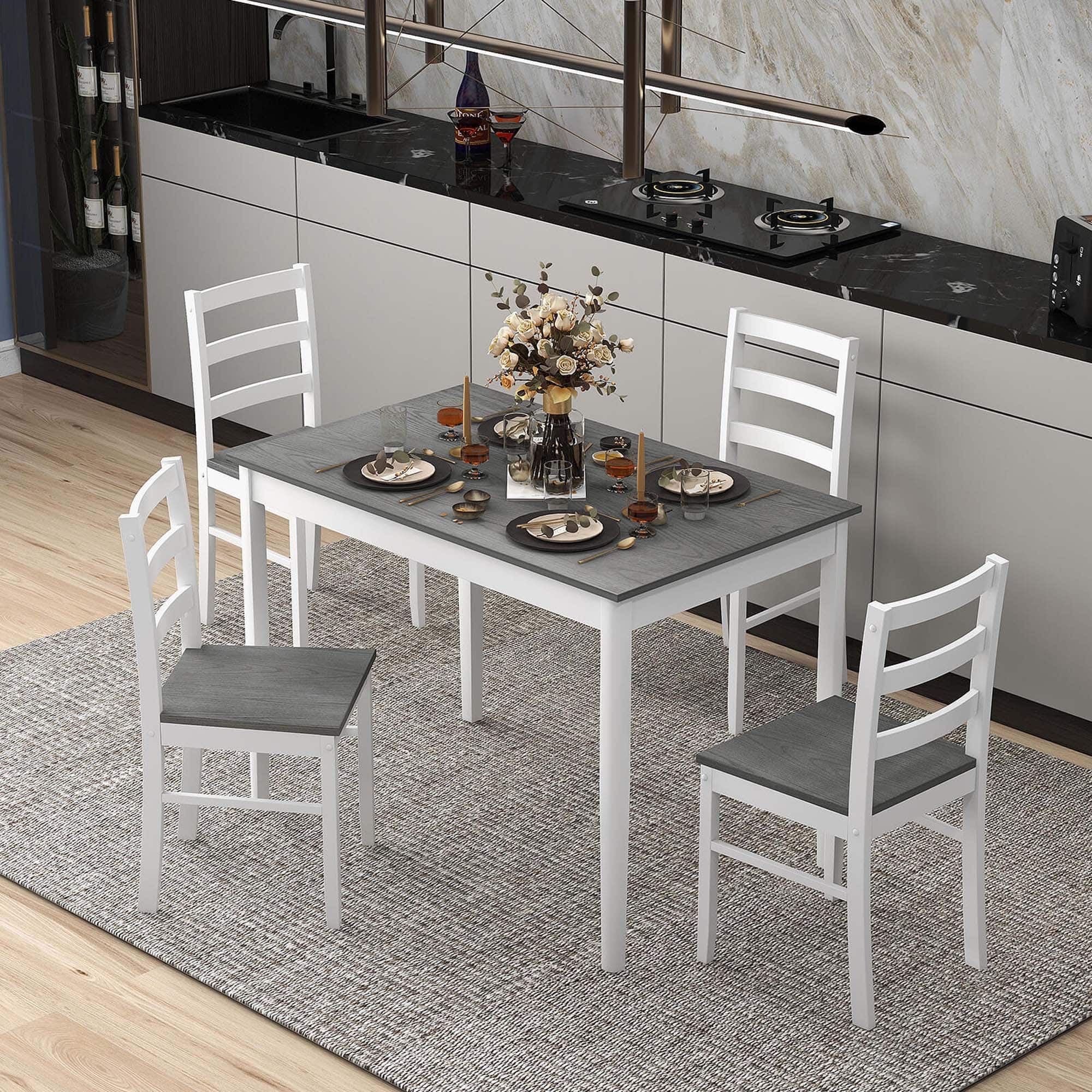 Alt View 11. Costway - 5-Piece Dining Set Solid Wood Kitchen Furniture with Rectangular Table & 4 Chairs Grey - Natural and Gray.