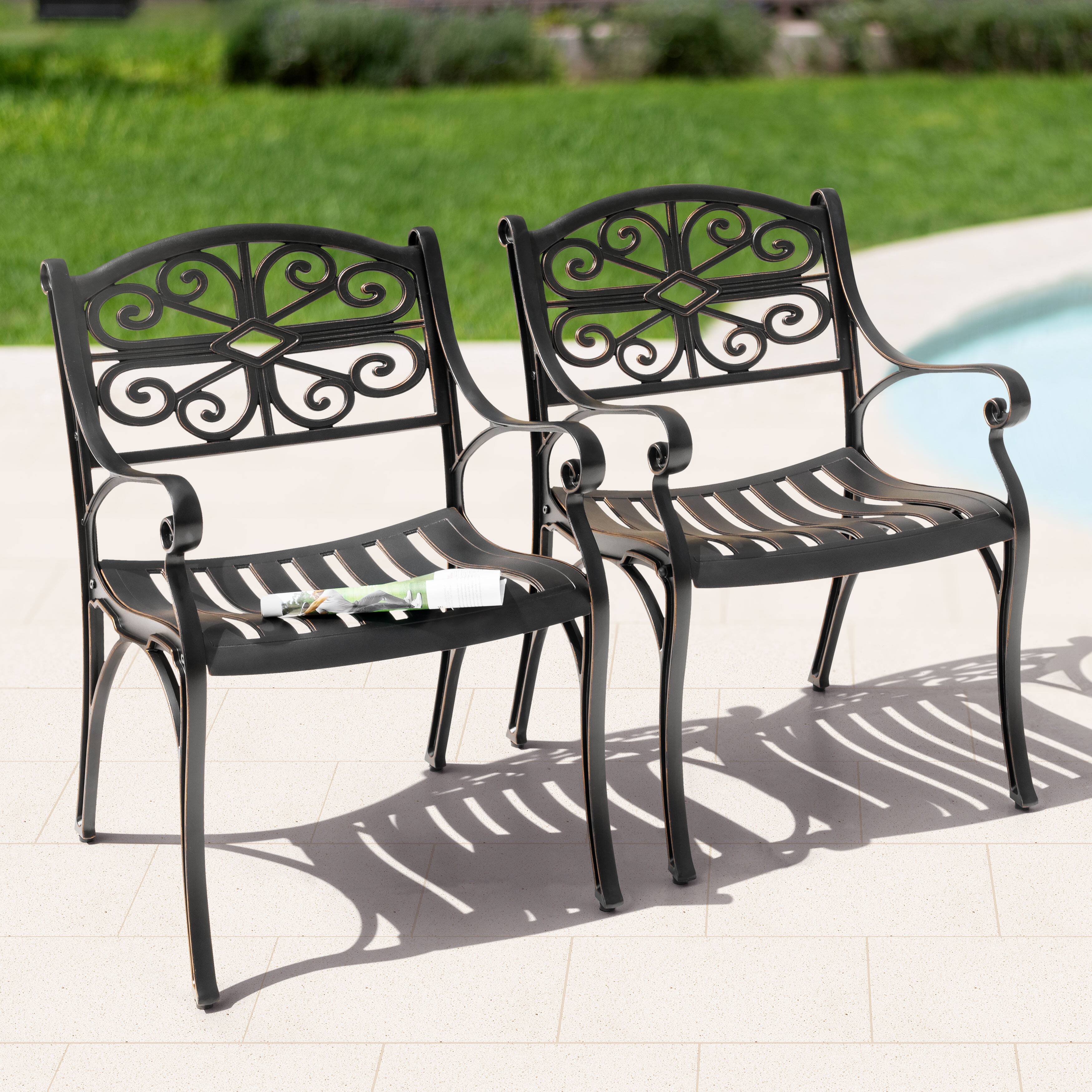 Left. Nuu Garden - Patio Cast Aluminum Dining Chairs of 2, Bistro Chairs with Armrests - Black with Gold-Painted Edges.