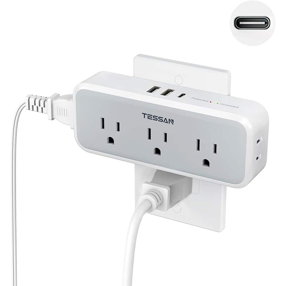 MOSZAR LLC - Outlet Extender with Surge Protector, 5 Outlets, 3 USB Ports - White