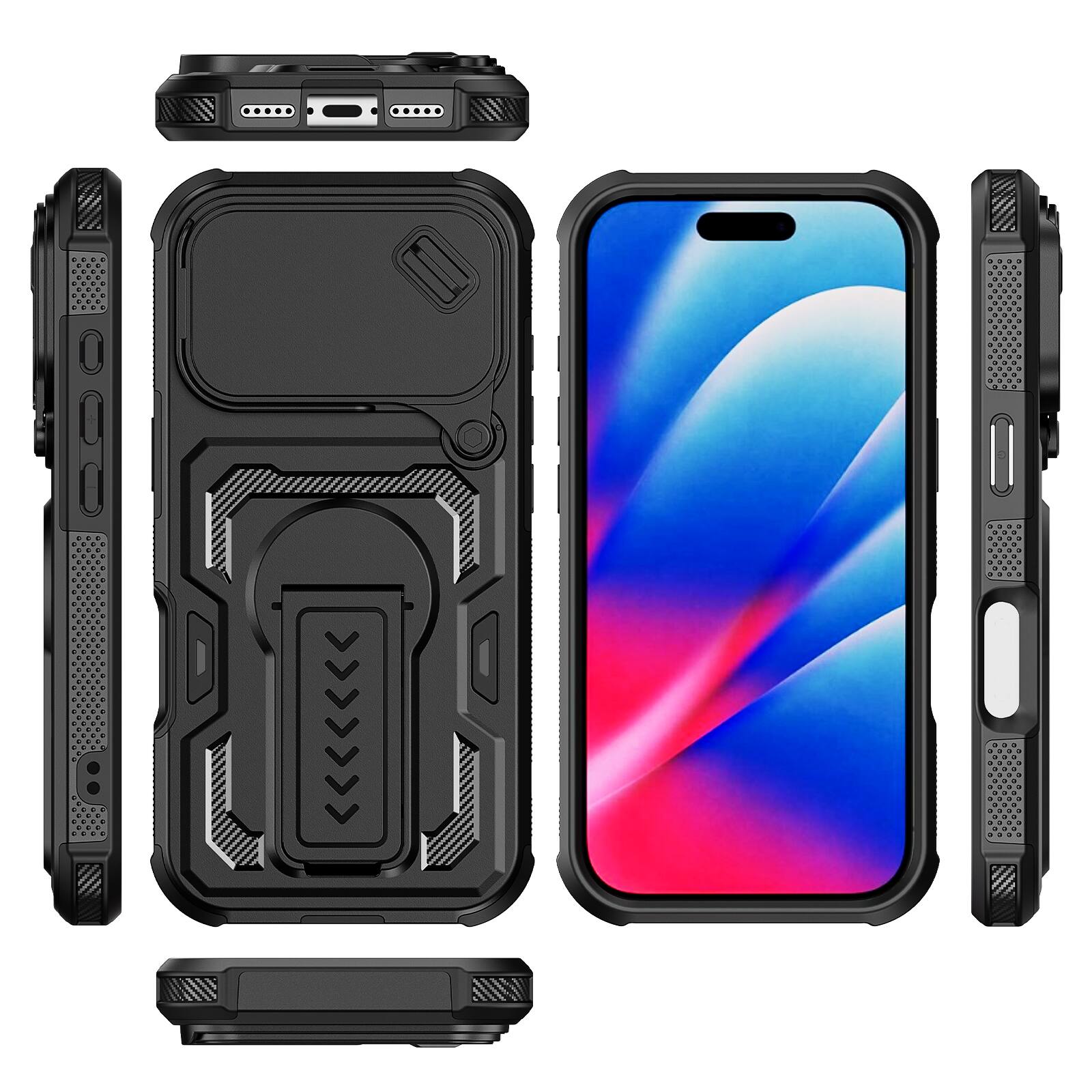 Alt View 4. Dteck - Rugged Stand Case for Apple iPhone 18 Pro Max,Shockproof Heavy Duty Cover With Sliding Lens Cover+Tempered Glass Flim - Black.