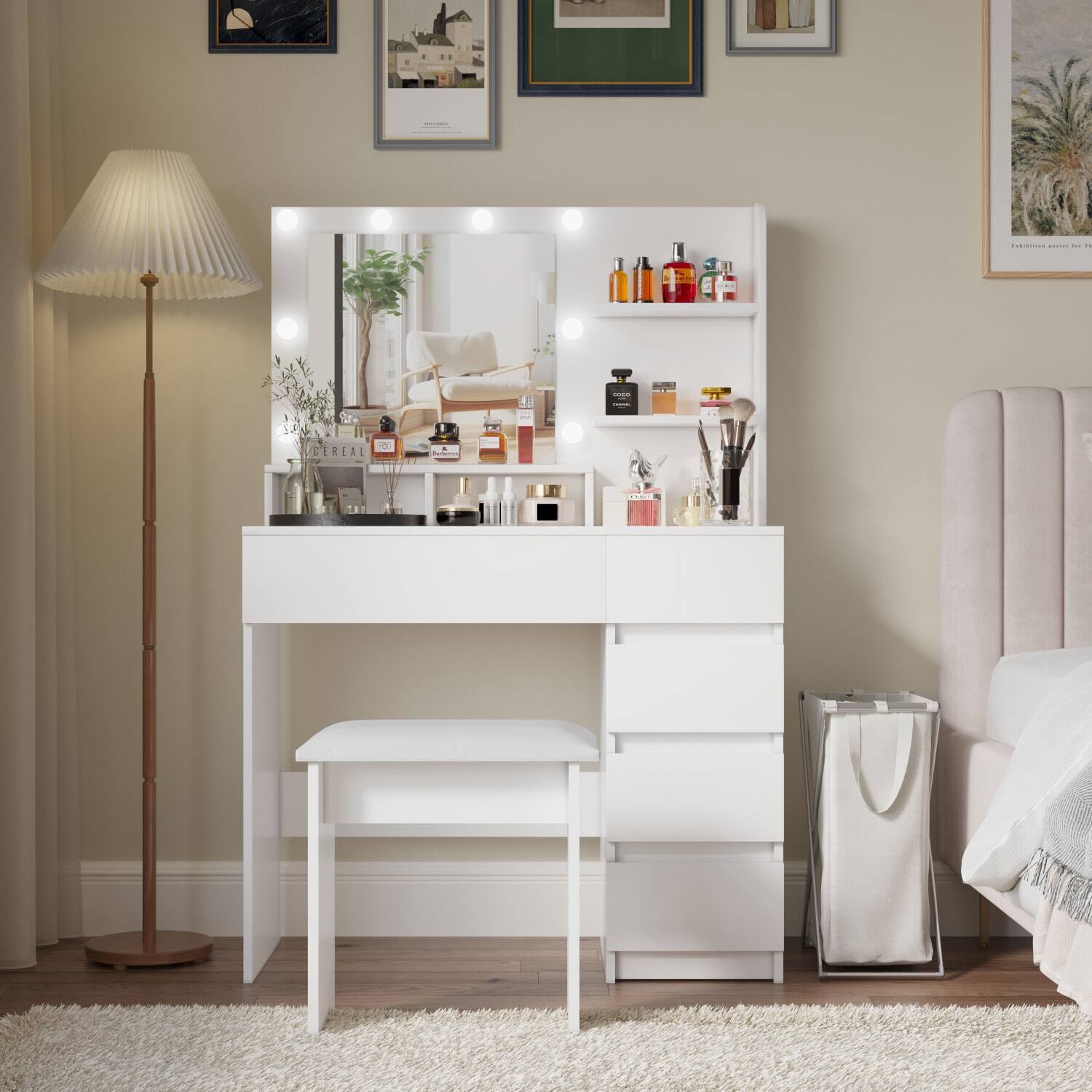 Front. Lirago - White Wood Dressing Table with Mirror Light Power Strip Makeup Vanity Desk Set 15.7”D x 35.4”W x 53.5”H - White.