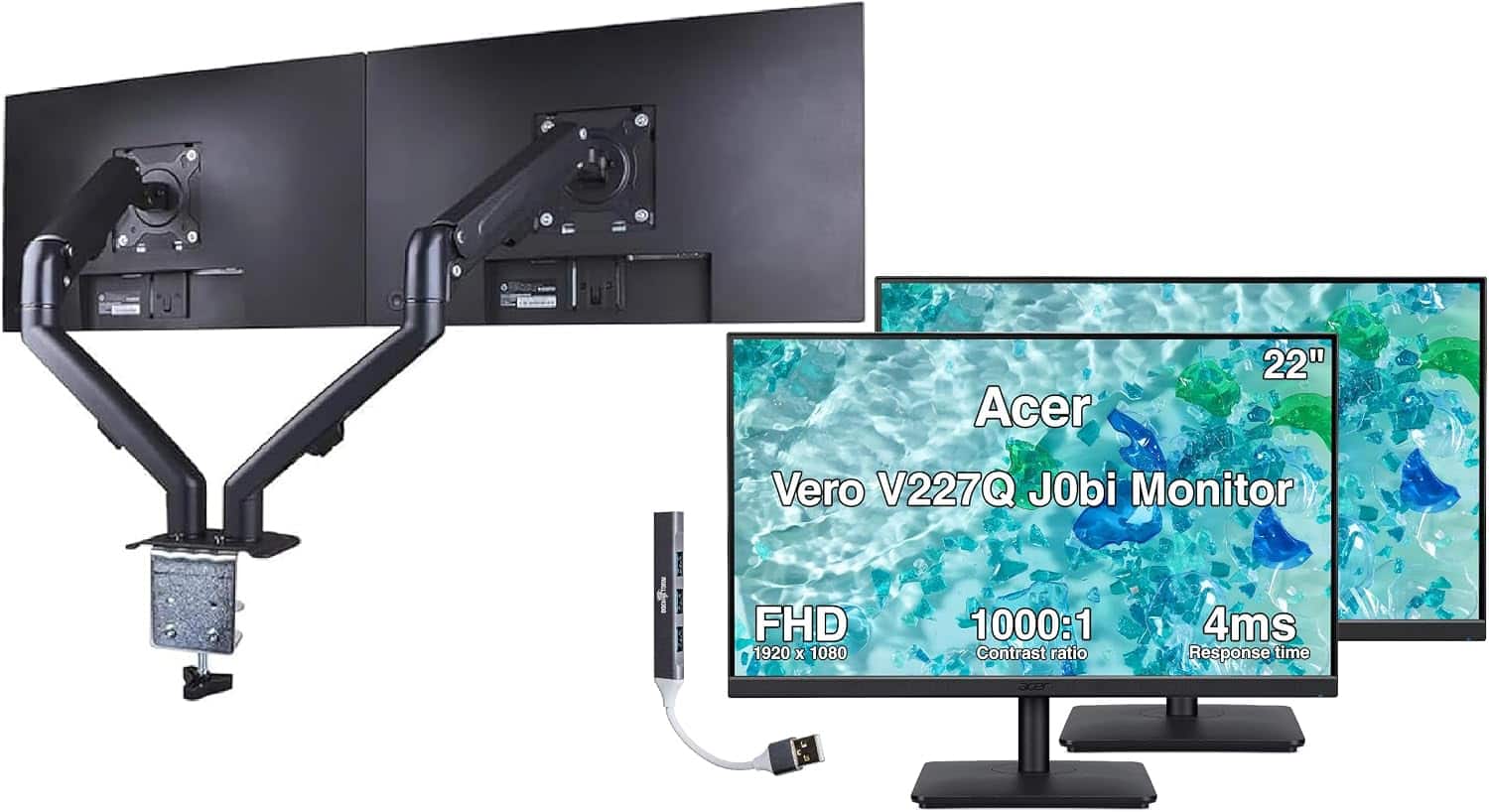 Acer - Vero V227Q J0bi 22" FHD Monitor, 4ms Response Time, Anti-Glare (UM.WV7AA.005) 2Pack w/HDMI cable, DKZ Hub & Dual Arms - Black