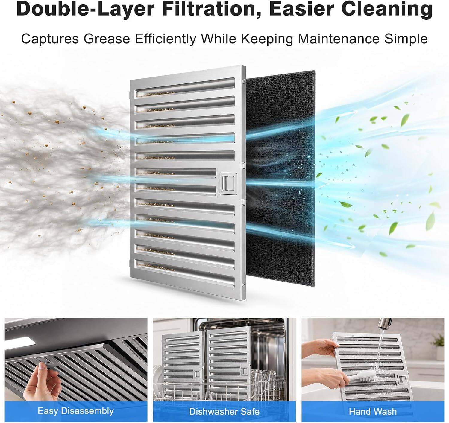 Double-Layer Filtration, Easier Cleaning  
Captures Grease Efficiently While Keeping Maintenance Simple  

Easy Disassembly  
Dishwasher Safe  
Hand Wash