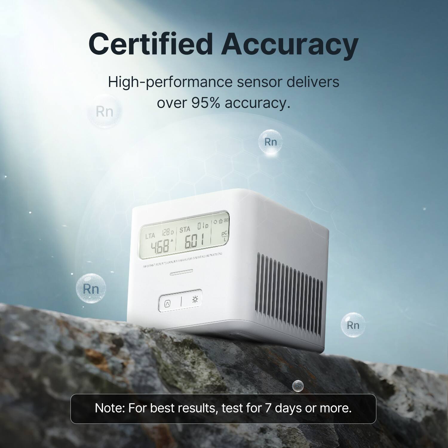 Certified Accuracy  
High-performance sensor delivers over 95% accuracy.  

LTA 1280 STA U1D  
468° 60.1  

Note: For best results, test for 7 days or more.