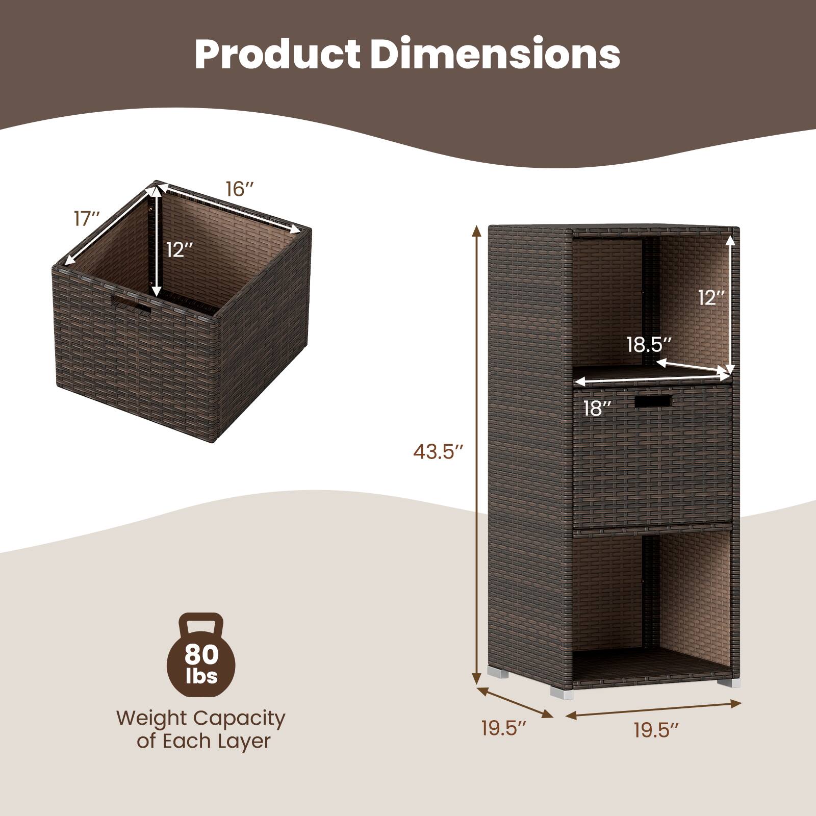 Product Dimensions: 17" x 12" x 16", 18.5" x 18" x 43.5", 19.5" x 19.5"  
Weight Capacity of Each Layer: 80 lbs