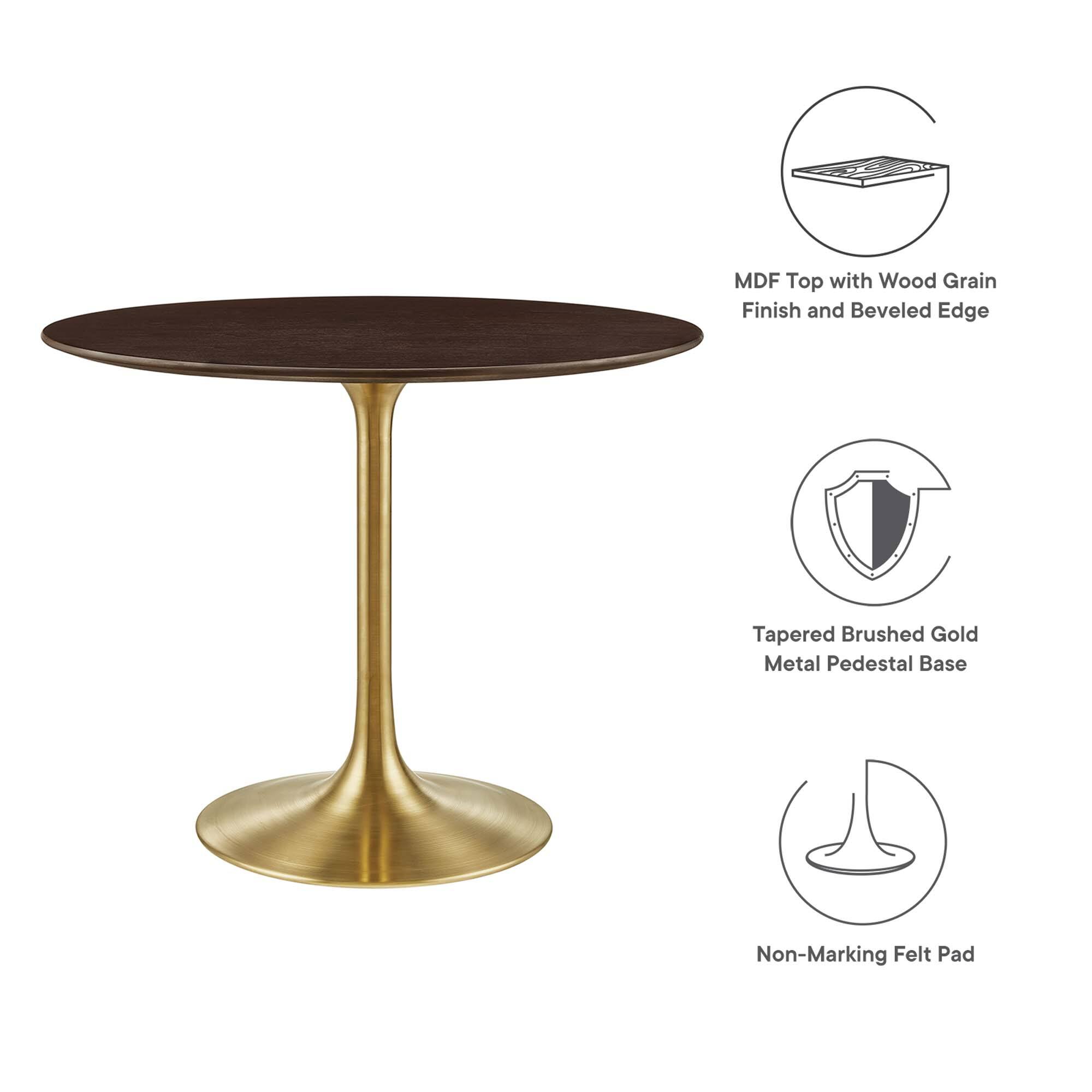 - MDF Top with Wood Grain Finish and Beveled Edge
- Tapered Brushed Gold Metal Pedestal Base
- Non-Marking Felt Pad