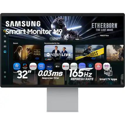 SAMSUNG Smart Monitor M9 ETHERBORN THE LAST MAGE Watch Now Recent For You Recommended for You Live Apps - - THI RINGS od POWER prime abc NEWSLIVE nmsung - TECIE CROSS prime i prime | NETFLIX video Disney+ stv Toulabe RUMUTO - Internet samoung Smar hings - TINS M IV Pus Trendig 165Hz 32" 0.03ms Hz Response Time REFRESH RATE Smart TV Apps