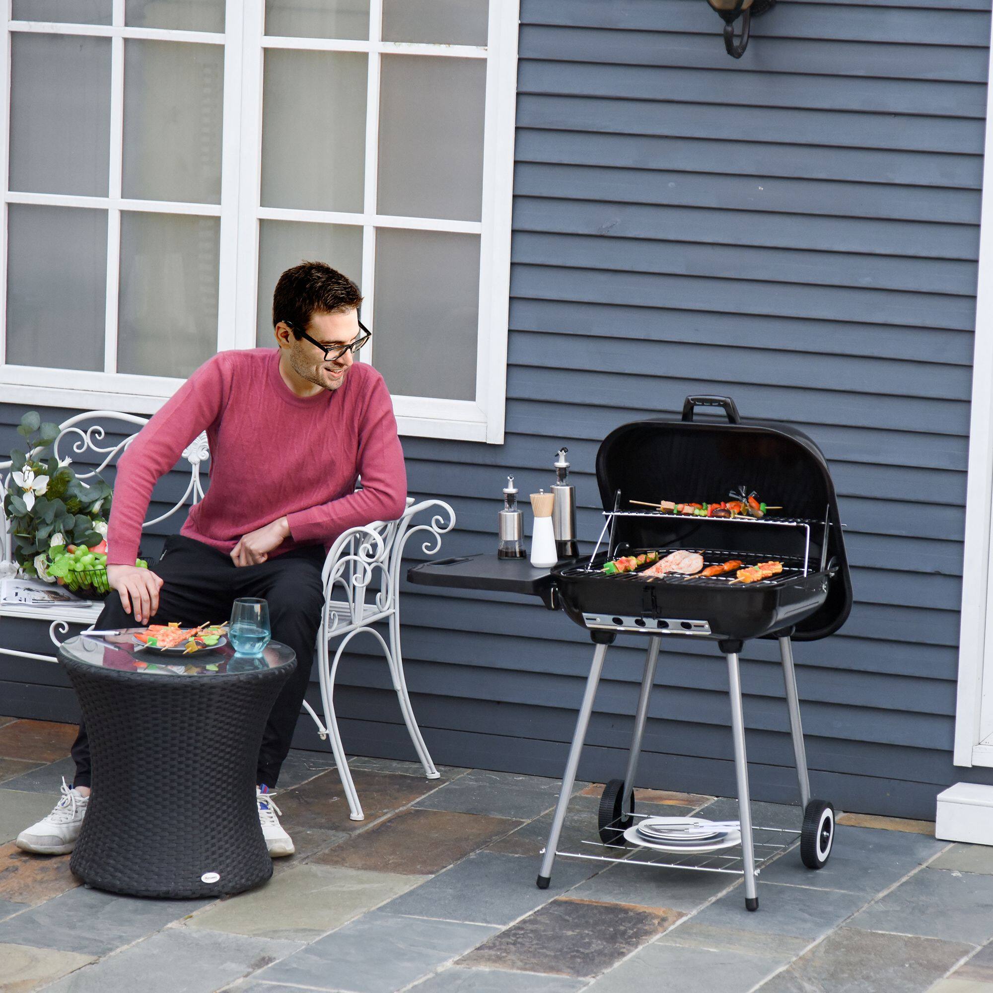 Alt View 1. Ecooso - 21" Portable Charcoal Grill with Wheels and Bottom Shelf, BBQ Smoker with Adjustable Vents for Picnic or Backyard Use - Black.