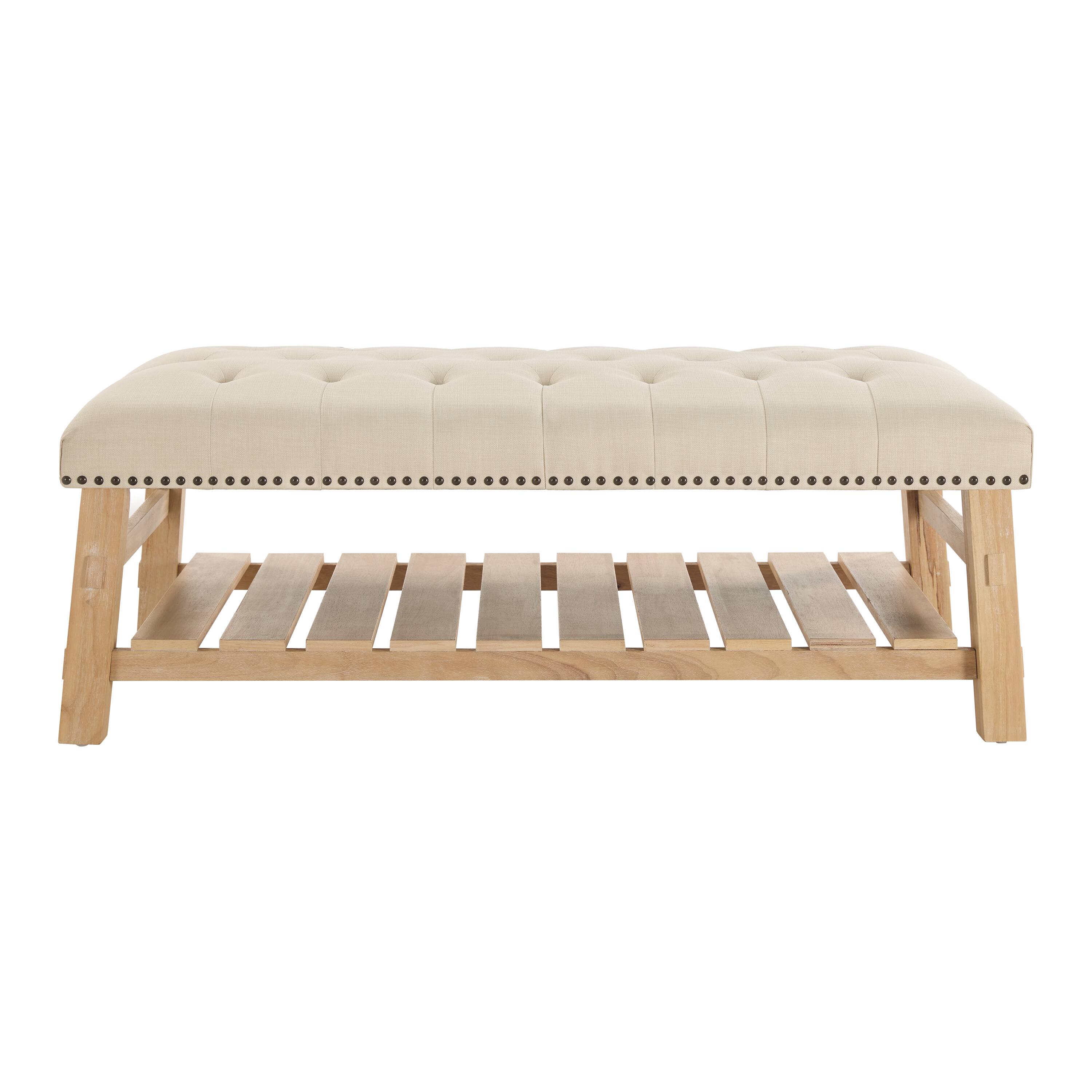 Back. Whisen - 48" Tufted Rectangle Ottoman Coffee Table with Slatted Storage Shelf for Living Room - Beige|Natural.