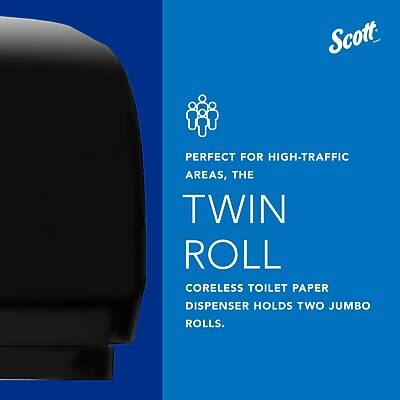 Scott  
Perfect for high-traffic areas, the Twin Roll coreless toilet paper dispenser holds two jumbo rolls.
