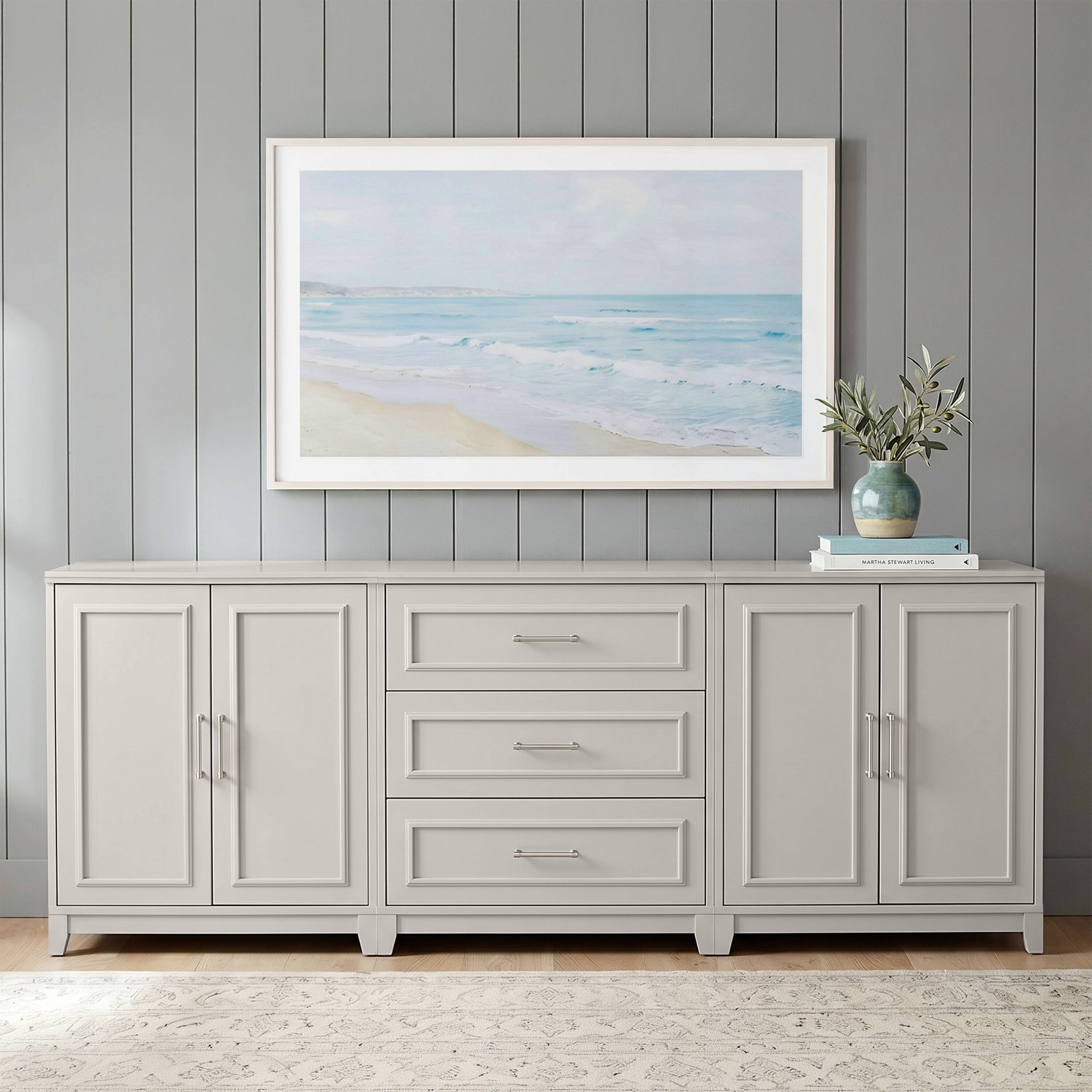 Martha Stewart - Lily Pond 2-Piece Modular Cabinet and 3-Drawer Base Cabinet Set with Premium Hardware, Soft-Close Doors - Sharkey Gray/Brushed Stainless Steel Hardware