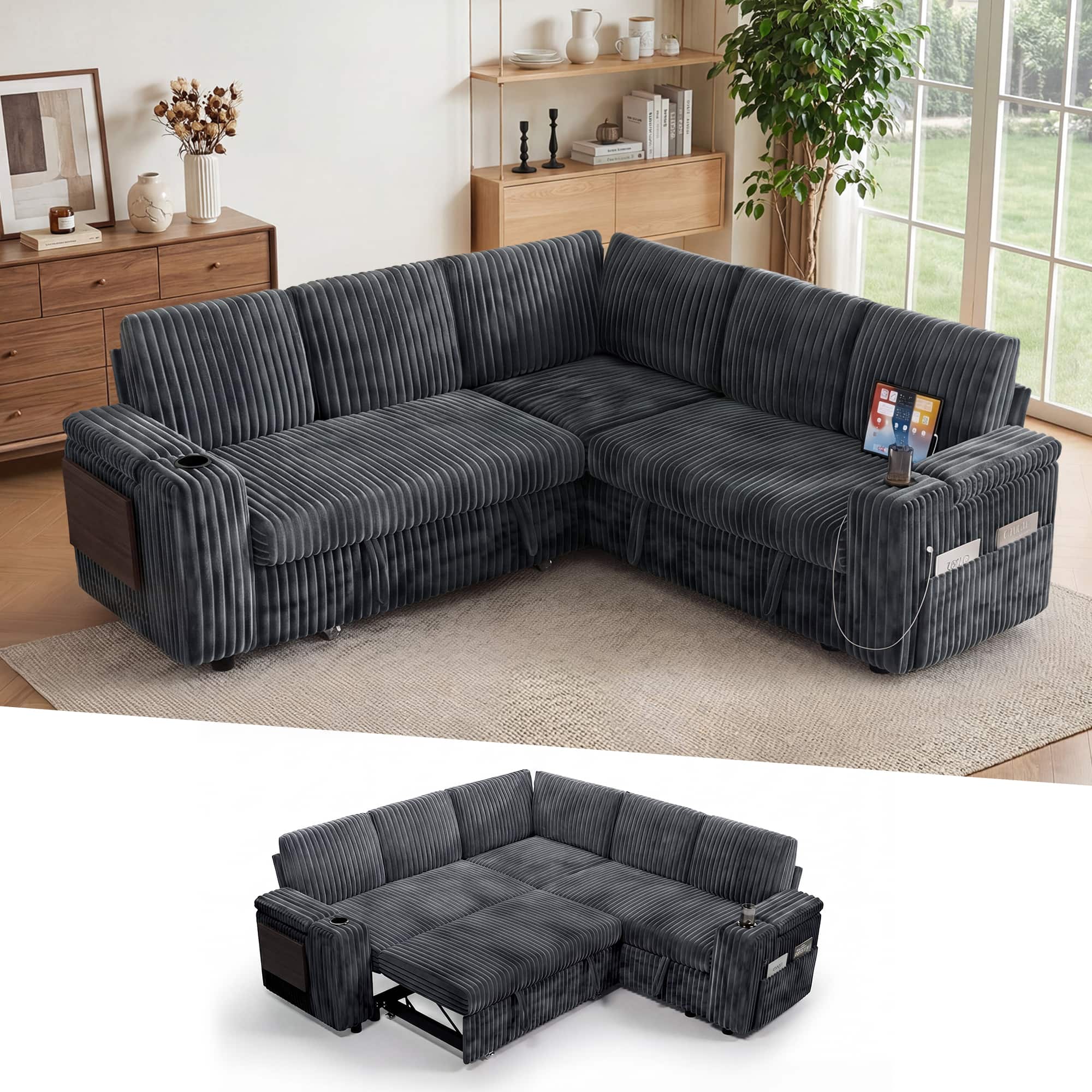 Dyonery - 85" Corduroy Sectional Sleeper Sofa with Pull Out Bed, 5-Seat Couch with Storage/USB Ports/Cup Holders/Side Table - Gray