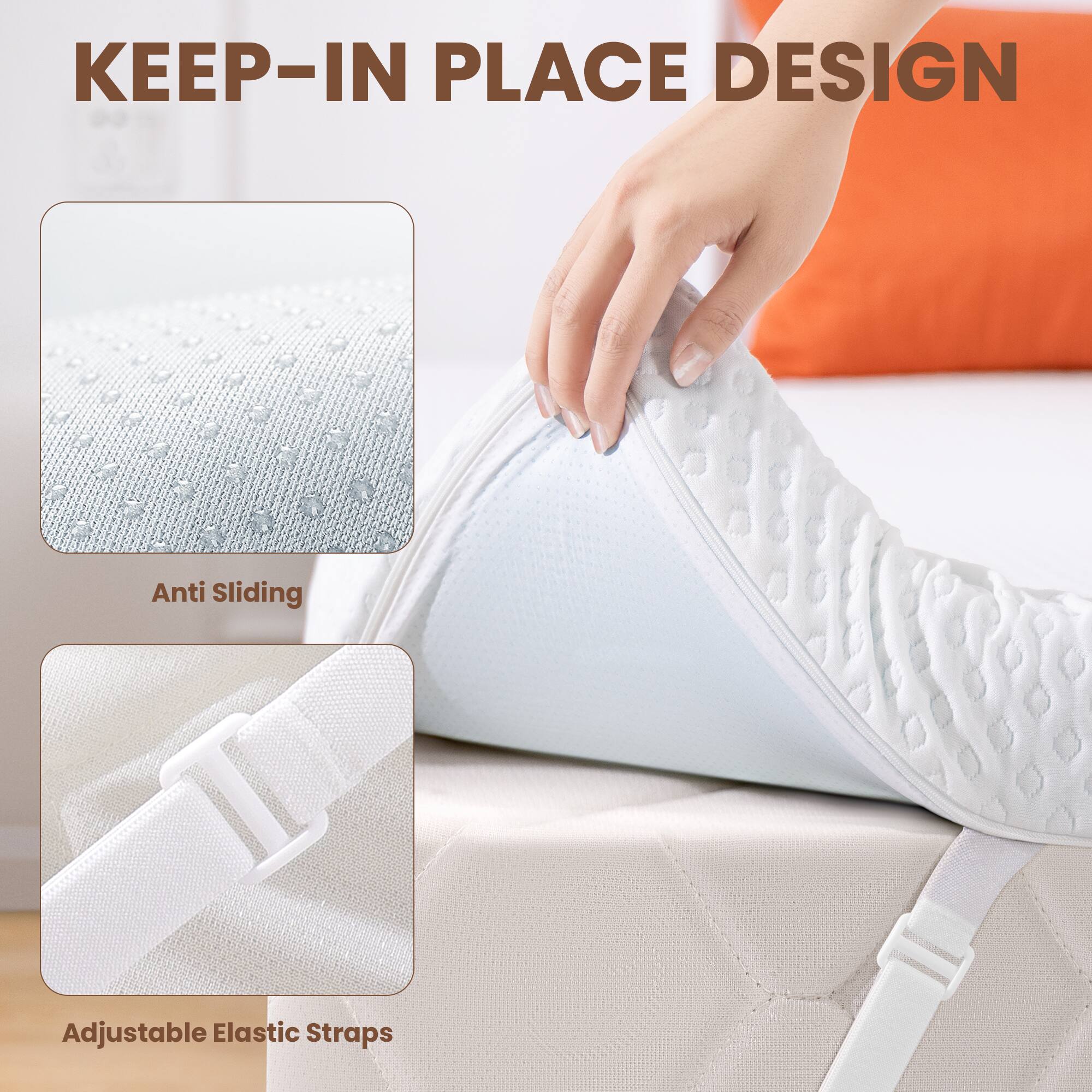 The text in the image can be grouped and corrected as follows:

**Keep-In Place Design**

- **Anti Sliding**
- **Adjustable Elastic Straps**