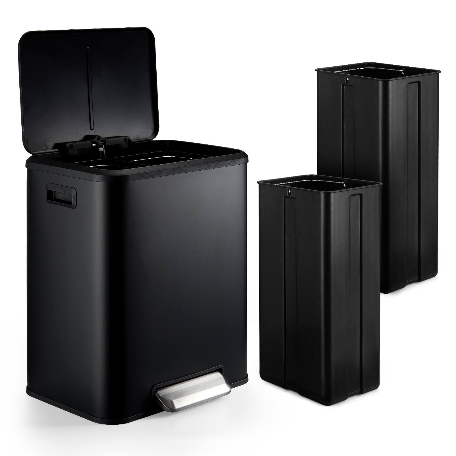 Front. Acekool - 30L Dual Compartment Kitchen Trash Can, 2 x 4 Gallon Stainless Steel Bins with Lid & Foot Pedal, Black - Black.