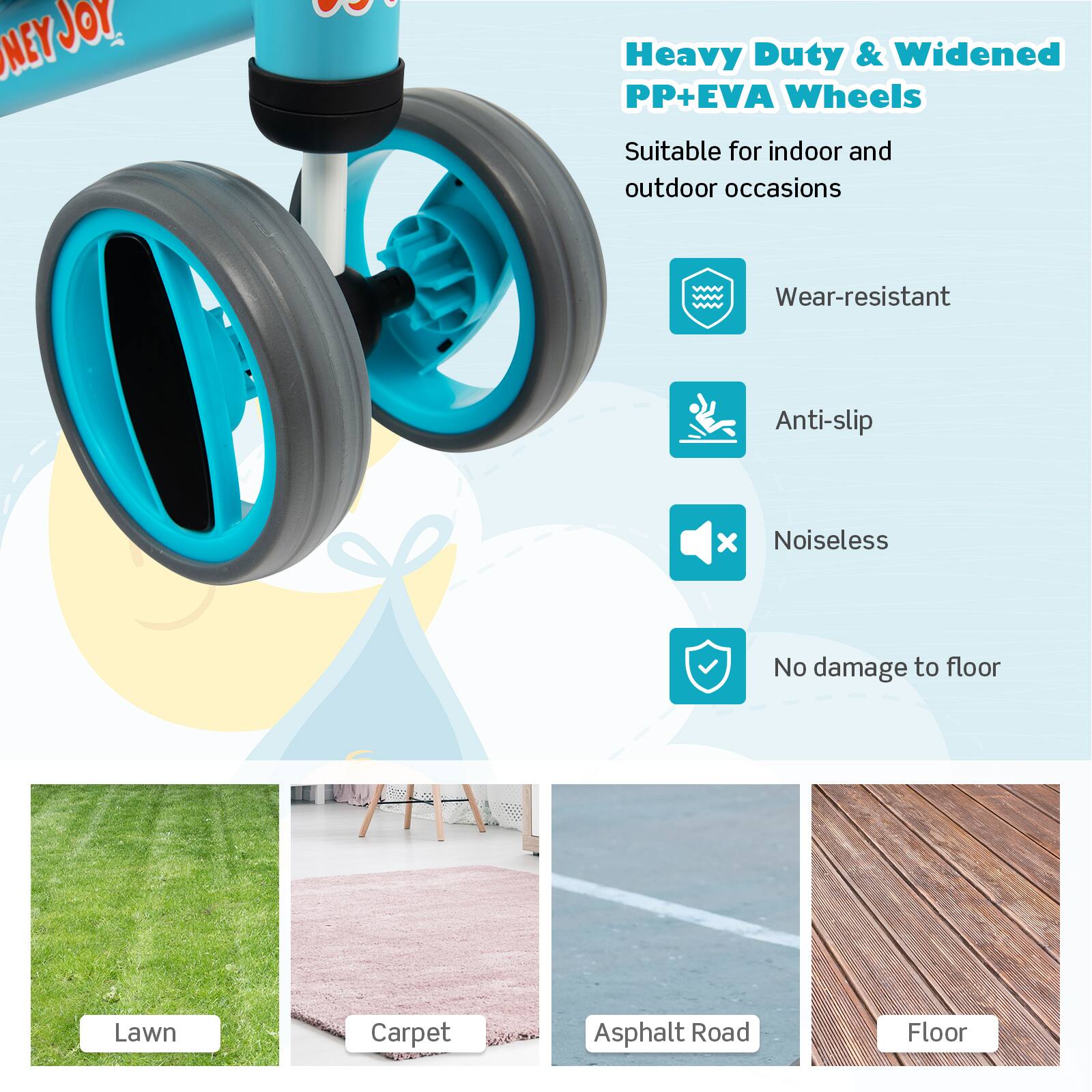 Heavy Duty & Widened PP+EVA Wheels  
Suitable for indoor and outdoor occasions  

- Wear-resistant  
- Anti-slip  
- Noiseless  
- No damage to floor  

Lawn  
Carpet  
Asphalt Road  
Floor