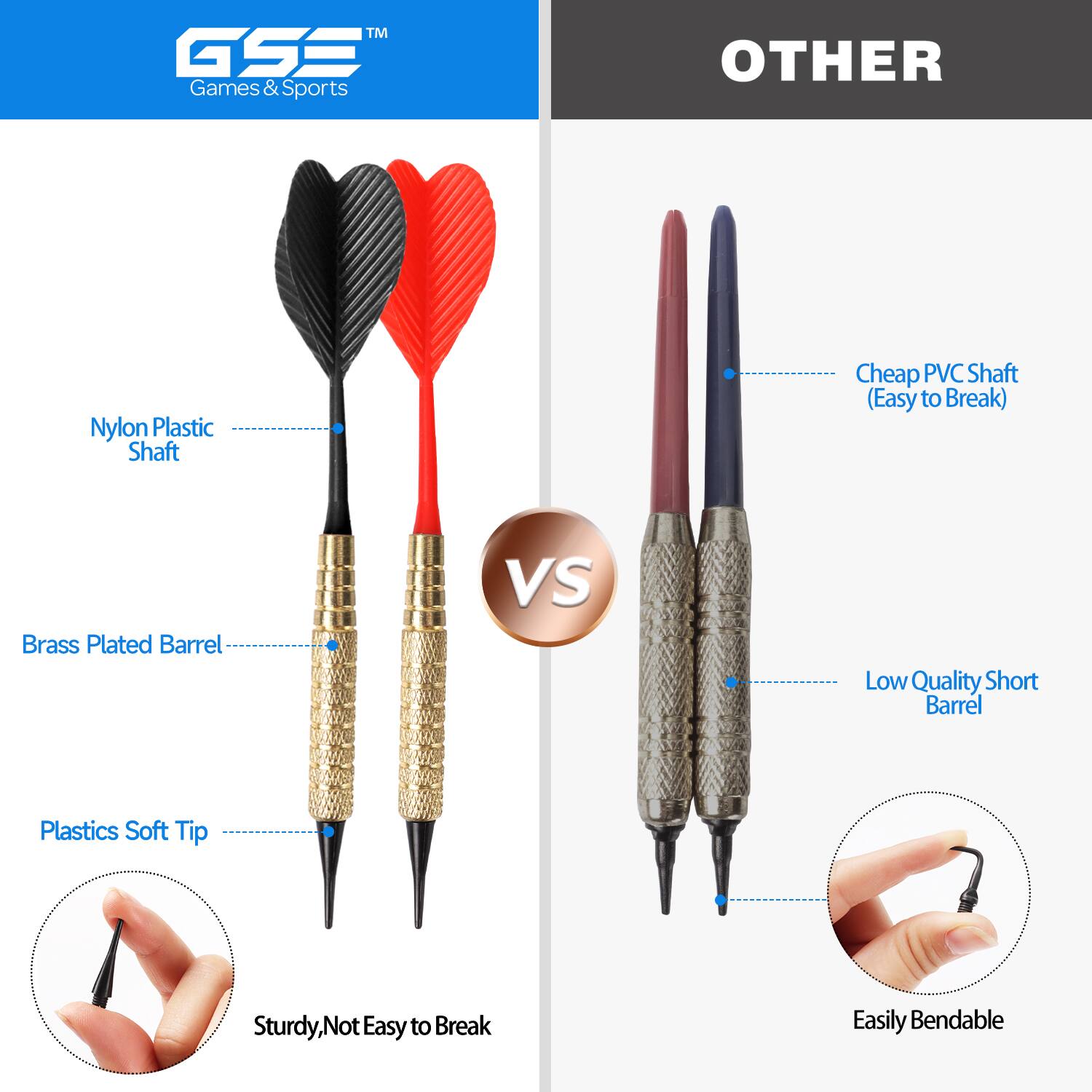 GSS Games & Sports

OTHER

Nylon Plastic Shaft
Cheap PVC Shaft (Easy to Break)
Brass Plated Barrel
VS
Low Quality Short Barrel
Plastics Soft Tip
Sturdy, Not Easy to Break
Easily Bendable