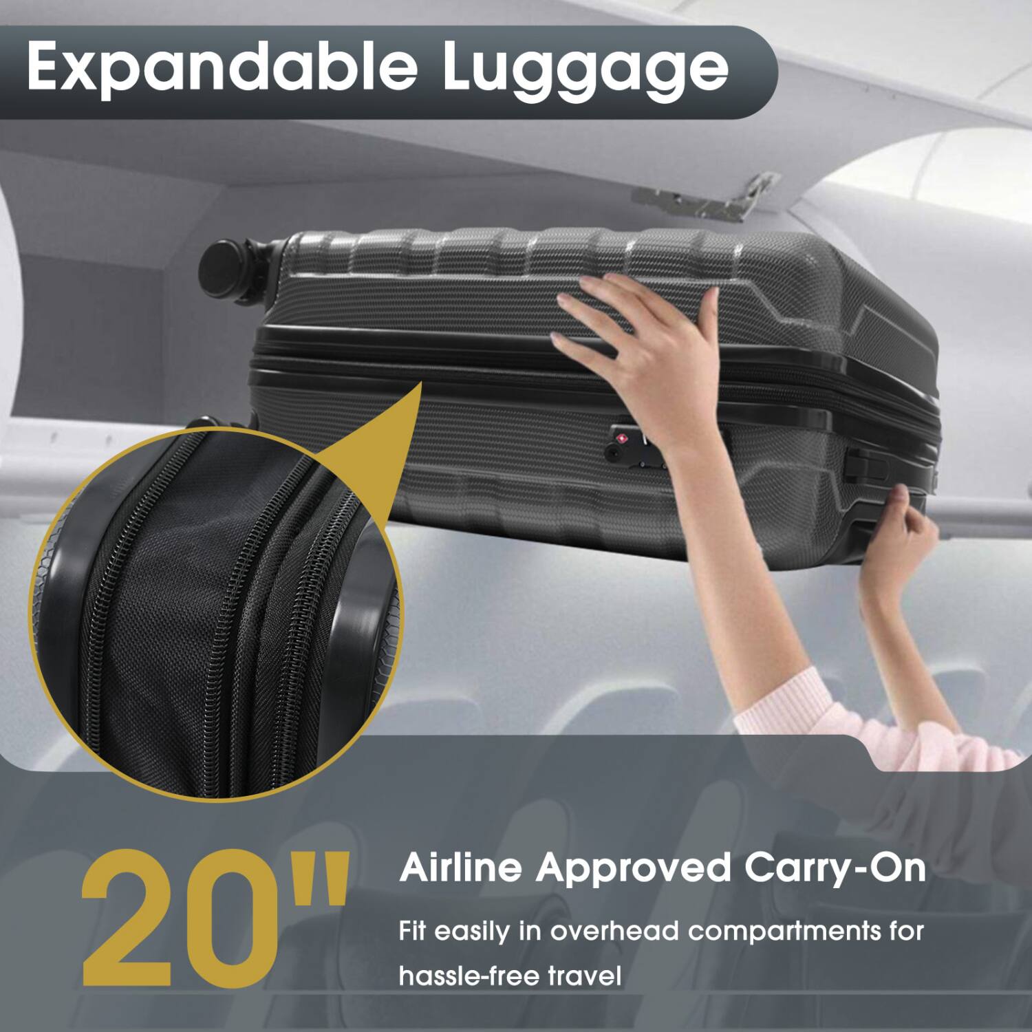 Expandable Luggage  
Airline Approved Carry-On  

20"  
Fit easily in overhead compartments for hassle-free travel