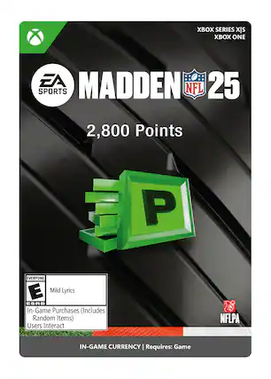 XBOX SERIES X|S EA SPORTS MADDEN NFL 25 2,800 POINTS EVERYONE E Mild Lyrics ESRB In-Game Purchases (Includes Random Items) Users Interact NFLPA IN-GAME CURRENCY I Requires: Game