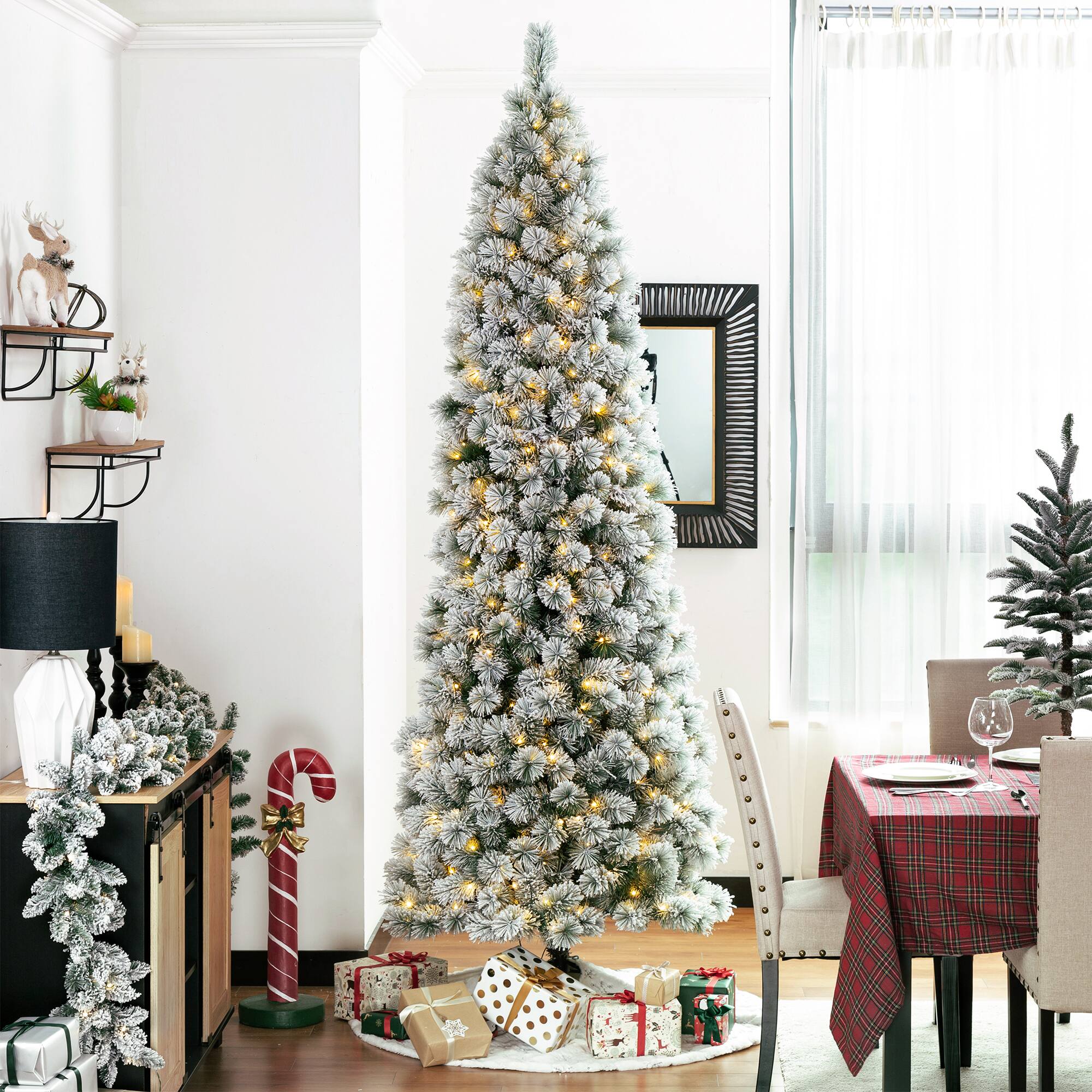 Alt View 4. Glitzhome - 9ft Pre-Lit Flocked Pencil Pine Artificial Christmas Tree with 500 Lights - White.