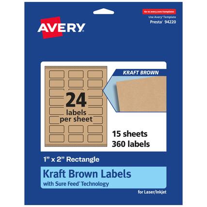 Go to avery.com/templates
AVERY
Use Avery Template Presta 94220
KRAFT BROWN
24 labels per sheet
15 sheets 360 labels
1" x 2" Rectangle Kraft Brown Labels with Sure Feed Technology for Laser/Inkjet