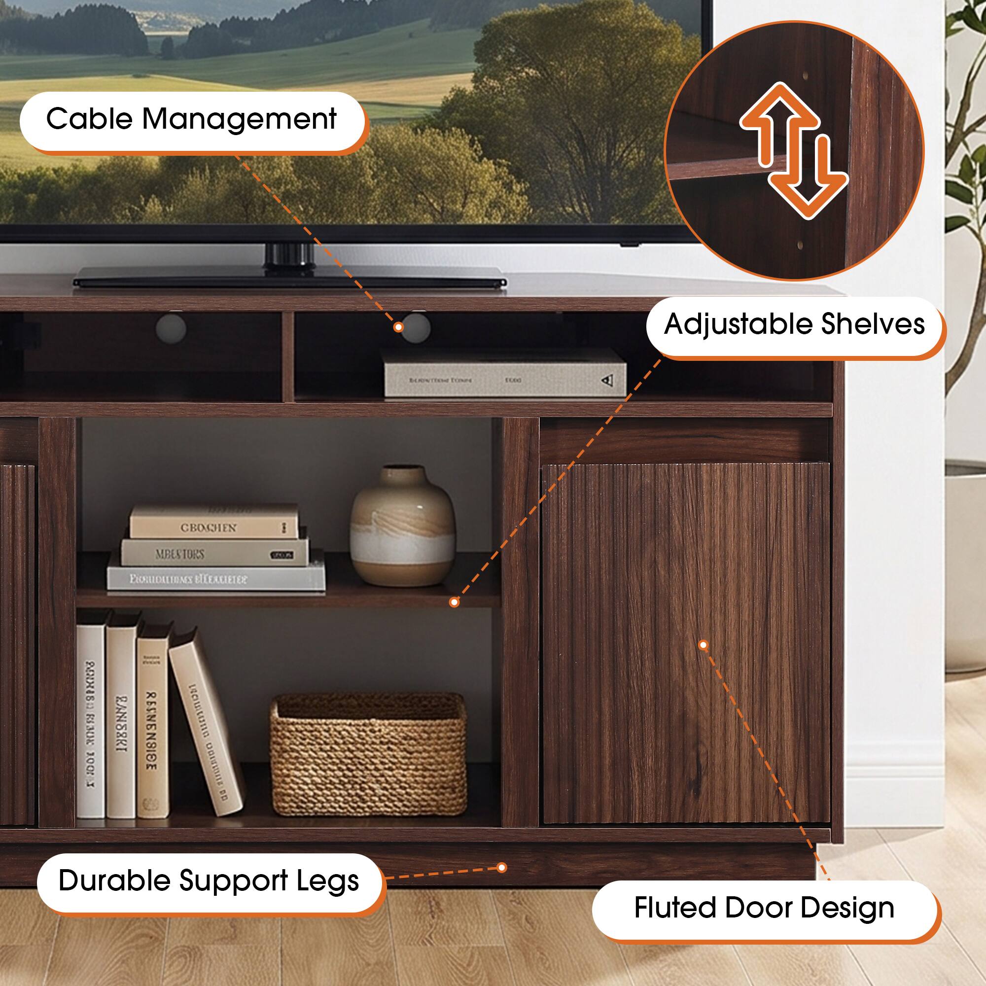 Cable Management  
Adjustable Shelves  
Durable Support Legs  
Fluted Door Design