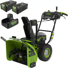 The text on the image reads: "80 80 1S greenworks 24" POWER SNOW BLOWER."