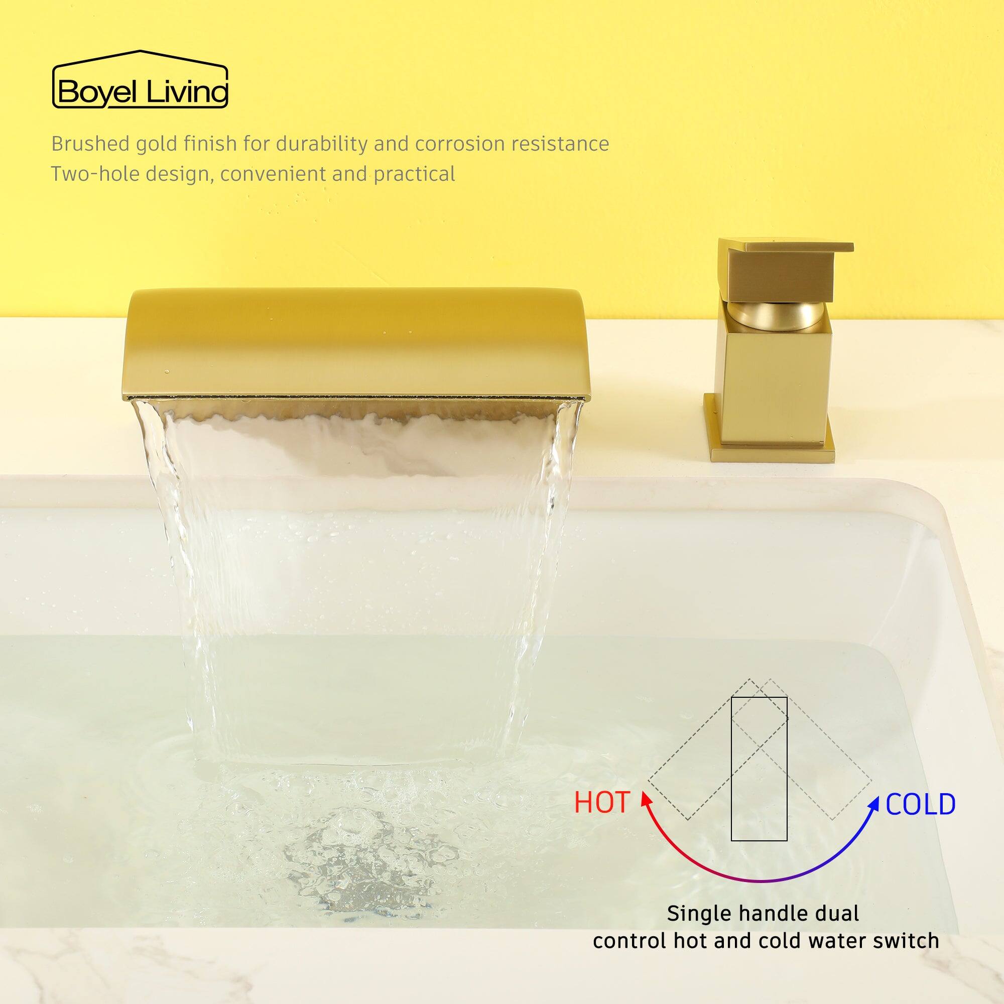 Boyel Living Brushed gold finish for durability and corrosion resistance Two-hole design, convenient and practical Single handle dual control hot and cold water switch HOT COLD