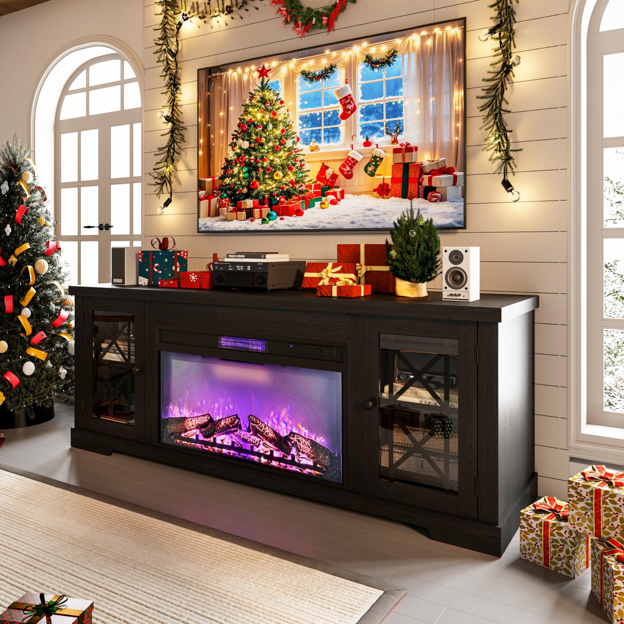 Alt View 2. Jojoka - 70" Farmhouse TV Stand with 36" Electric Fireplace, LED Lights & Storage for TVs Up to 80", Remote-Controlled - Black.