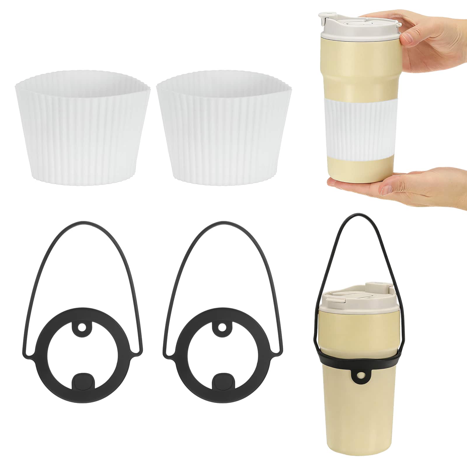 Unique Bargains - Silicone Cup Sleeve, 2pcs Coffee Sleeves with Black Handle Strap, Heat Resistant Reusable Nonslip for Coffee Tea Drinks - White price history on PriceWatchPro