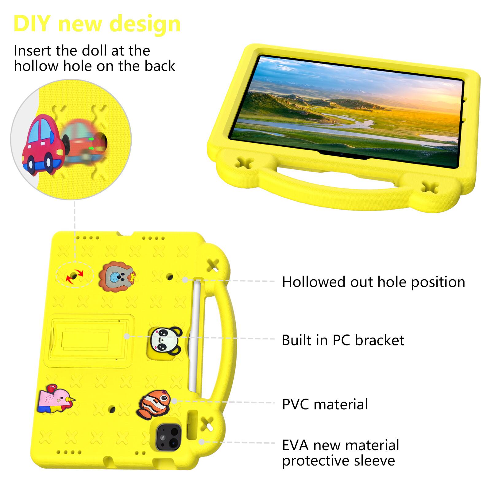 DIY new design  
Insert the doll at the hollow hole on the back  

Hollowed out hole position  
Built in PC bracket  
PVC material  
EVA new material protective sleeve